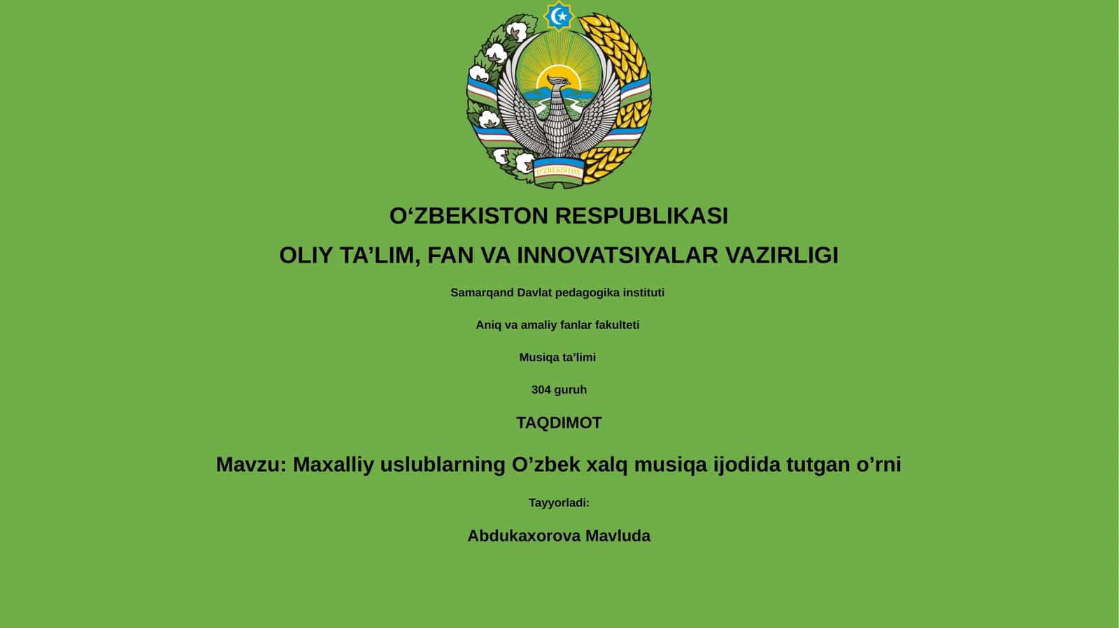 Maxalliy uslublarning O’zbek xalq musiqa ijodida tutgan o’rni 1
