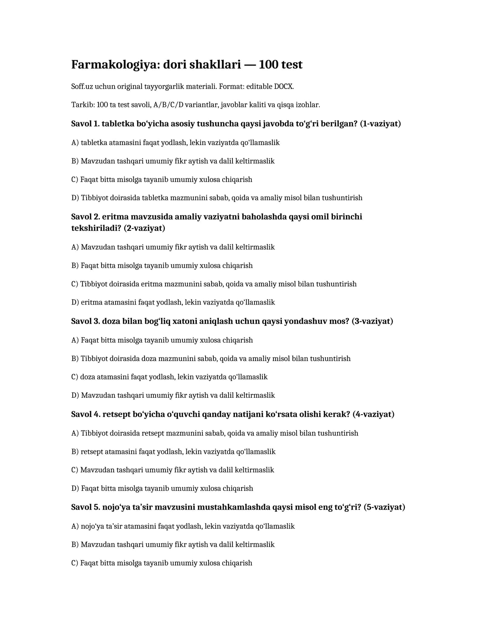 Farmakologiya: dori shakllari - 100 test 1