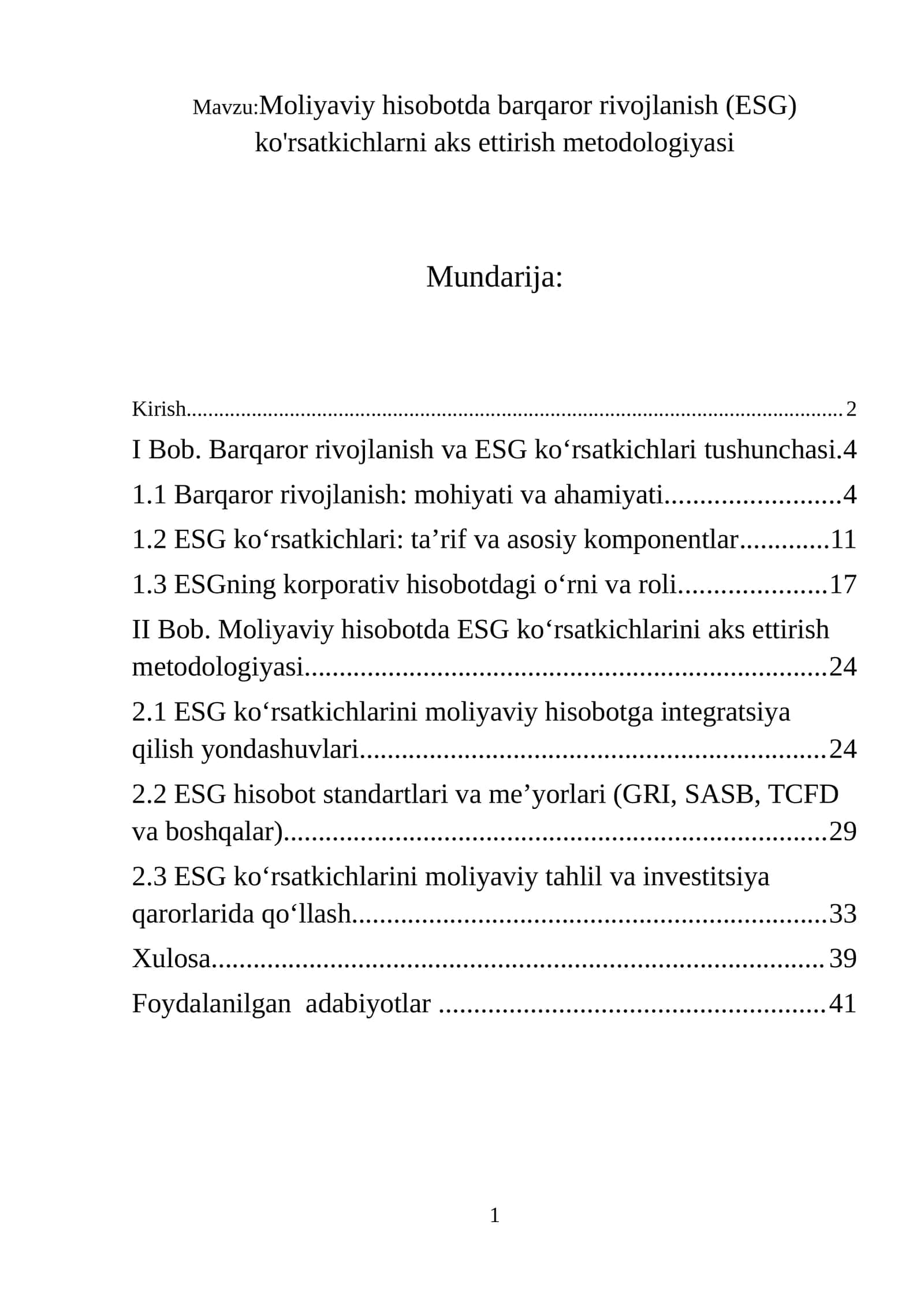 Moliyaviy hisobotda barqaror rivojlanish (ESG) ko'rsatkichlarni aks ettirish metodologiyasi 1