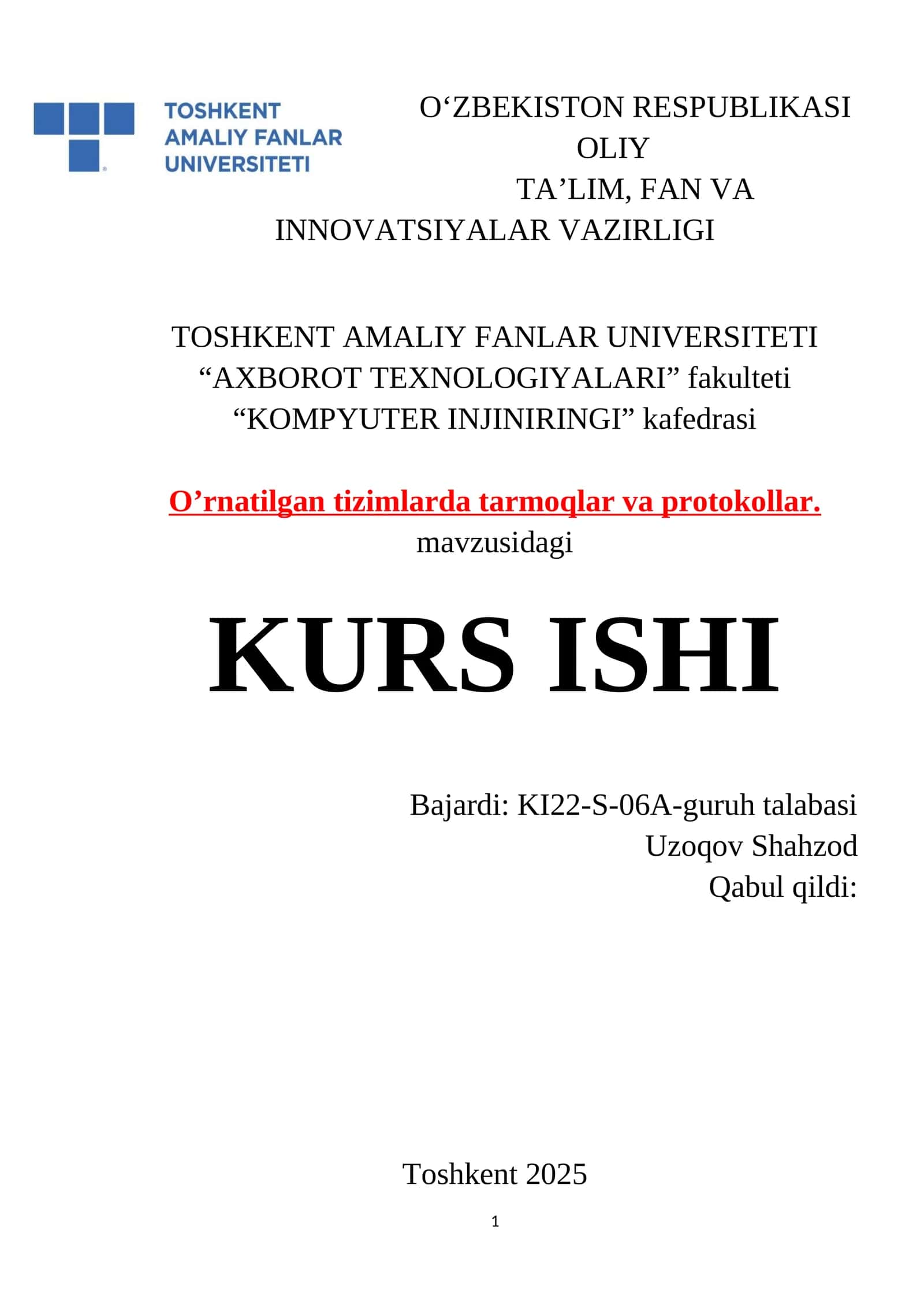 O‘rnatilgan tizimlarda tarmoqlar va protokollar 1