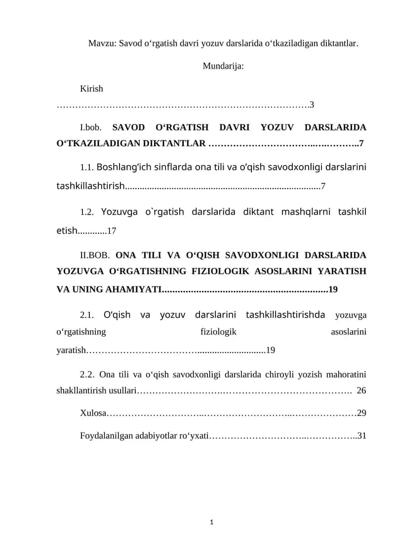 Savod oʻrgatish davri yozuv darslarida oʻtkaziladigan diktantlar 1