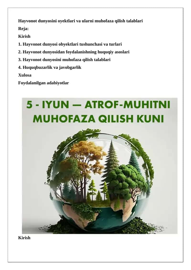 Hayvonot dunyosini oyektlari va ularni muhofaza qilish talablari 1