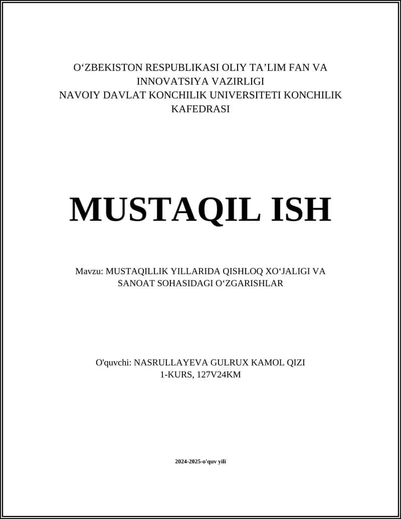 MUSTAQILLIK YILLARIDA QISHLOQ XOʻJALIGI VA SANOAT SOHASIDAGI OʻZGARISHLAR 1