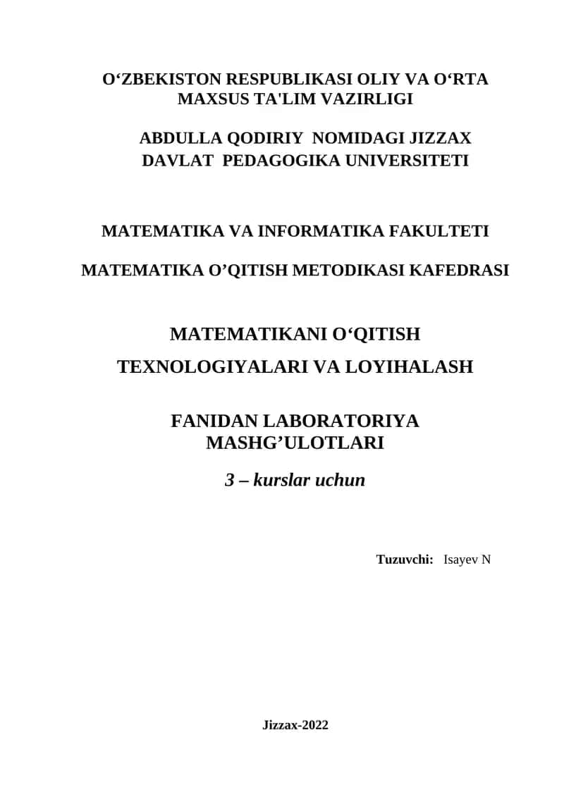 MАTЕMАTIKАNI O‘QITISH TЕХNОLОGIYALАRI VA LOYIHALASH FANIDAN LABORATORIYA MASHG’ULOTLARI 1