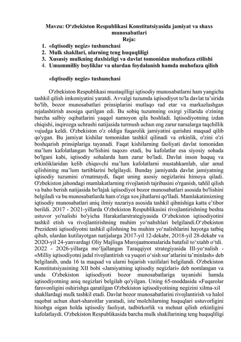 O‘zbekiston Respublikasi Konstitutsiyasida jamiyat va shaxs munosabatlari referat 1