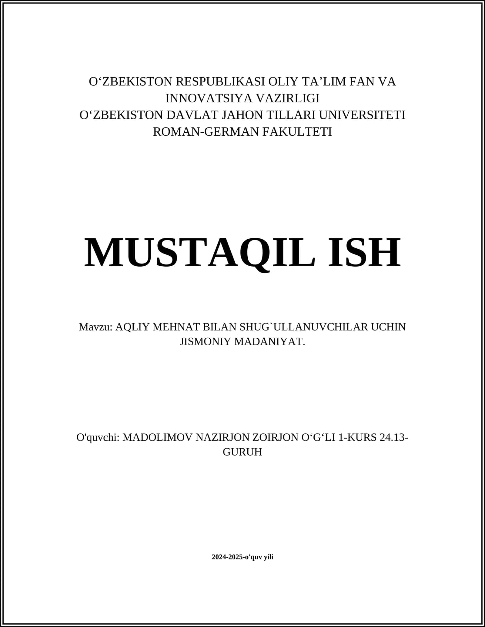 AQLIY MEHNAT BILAN SHUG`ULLANUVCHILAR UCHIN JISMONIY MADANIYAT 1
