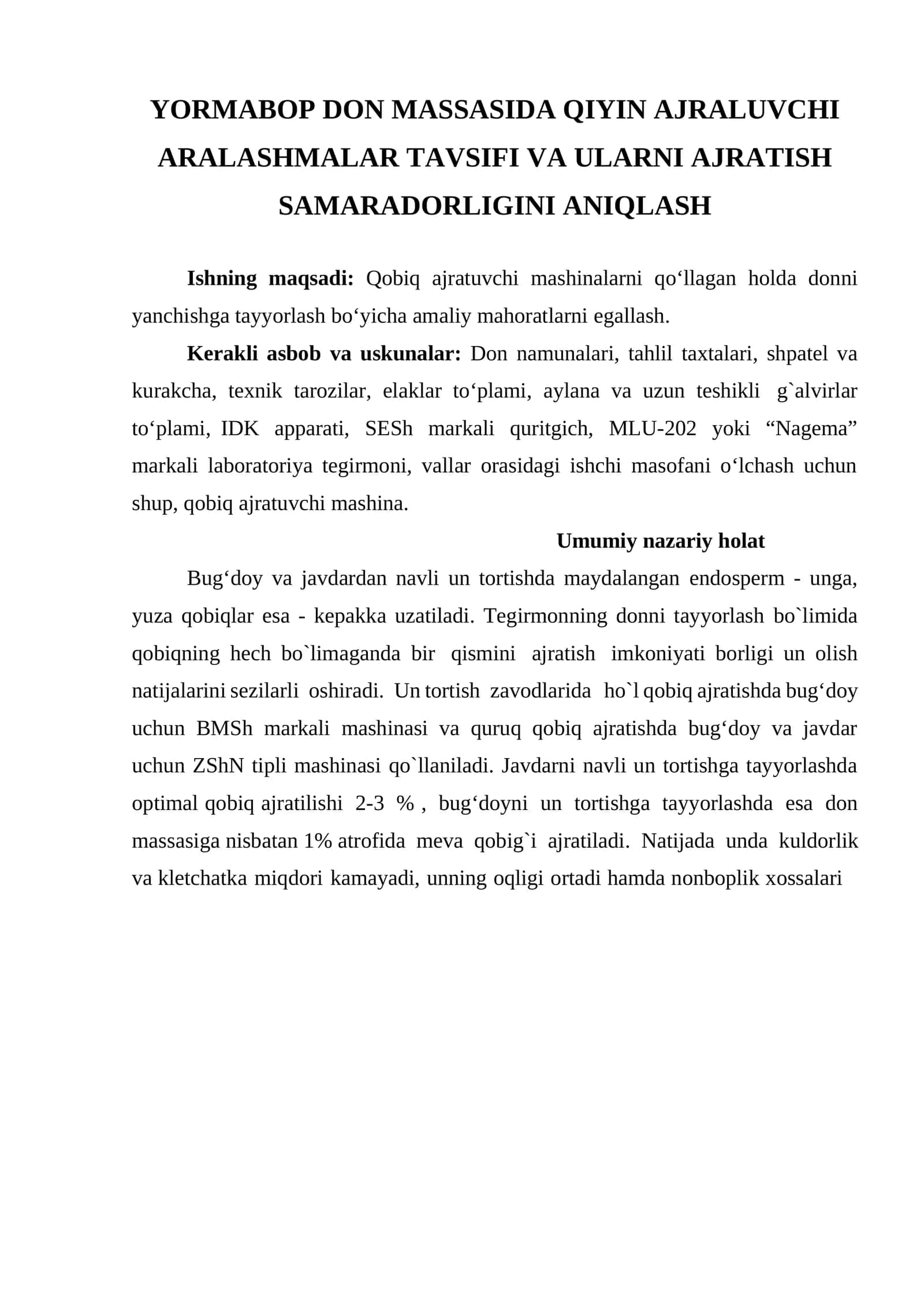 YORMABOP DON MASSASIDA QIYIN AJRALUVCHI ARALASHMALAR TAVSIFI VA ULARNI AJRATISH SAMARADORLIGINI ANIQLASH 1