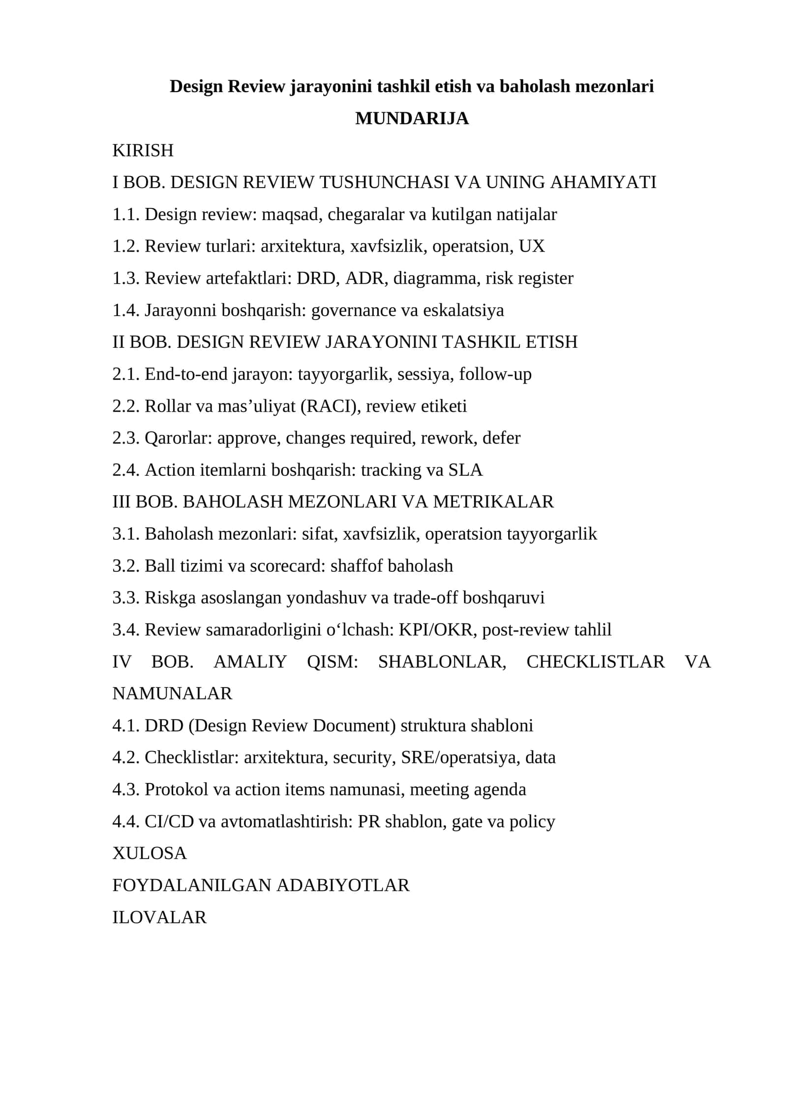 Design Review jarayonini tashkil etish va baholash mezonlari 1