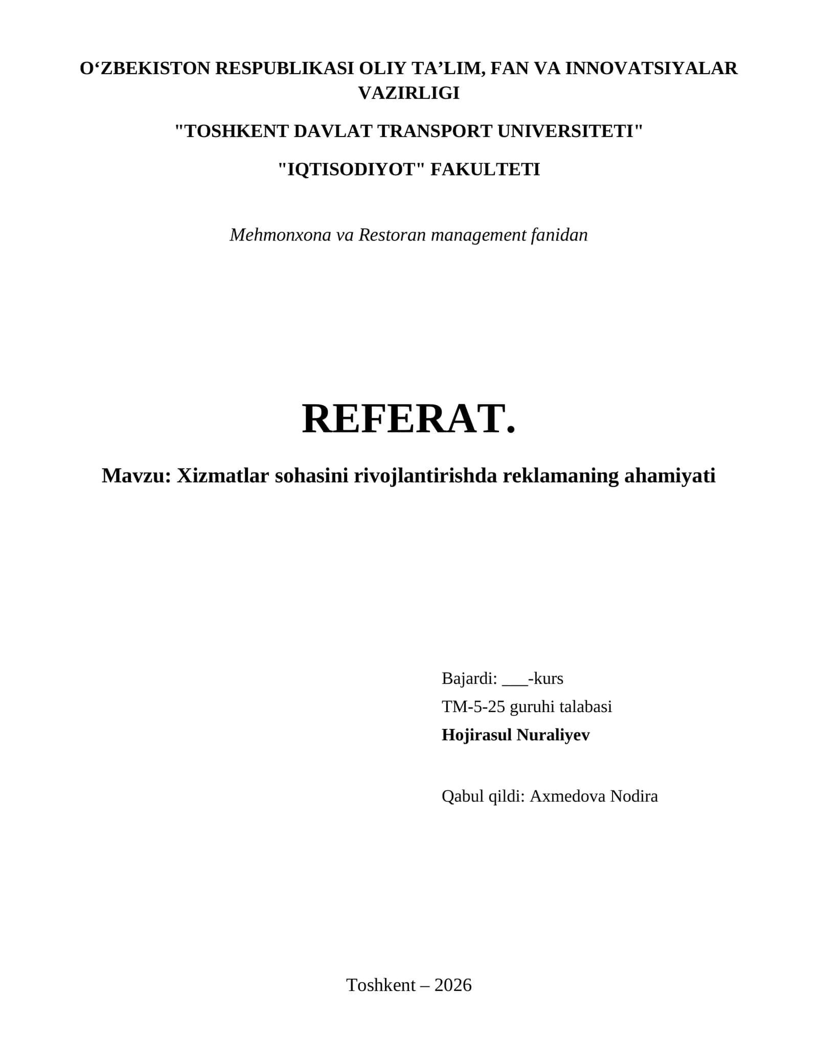 Xizmatlar sohasini rivojlantirishda reklamaning ahamiyati 1