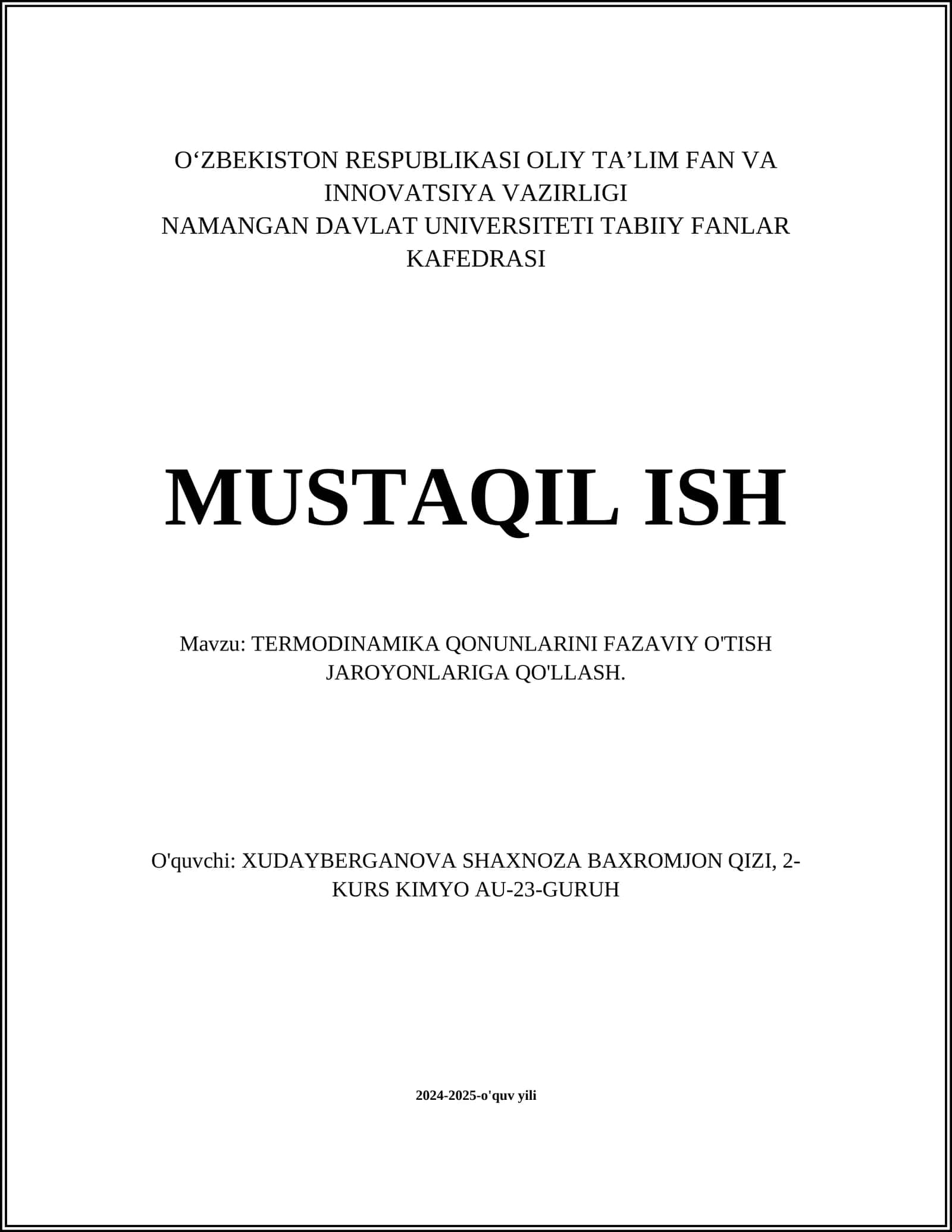 TERMODINAMIKA QONUNLARINI FAZAVIY O'TISH JAROYONLARIGA QO'LLASH 1