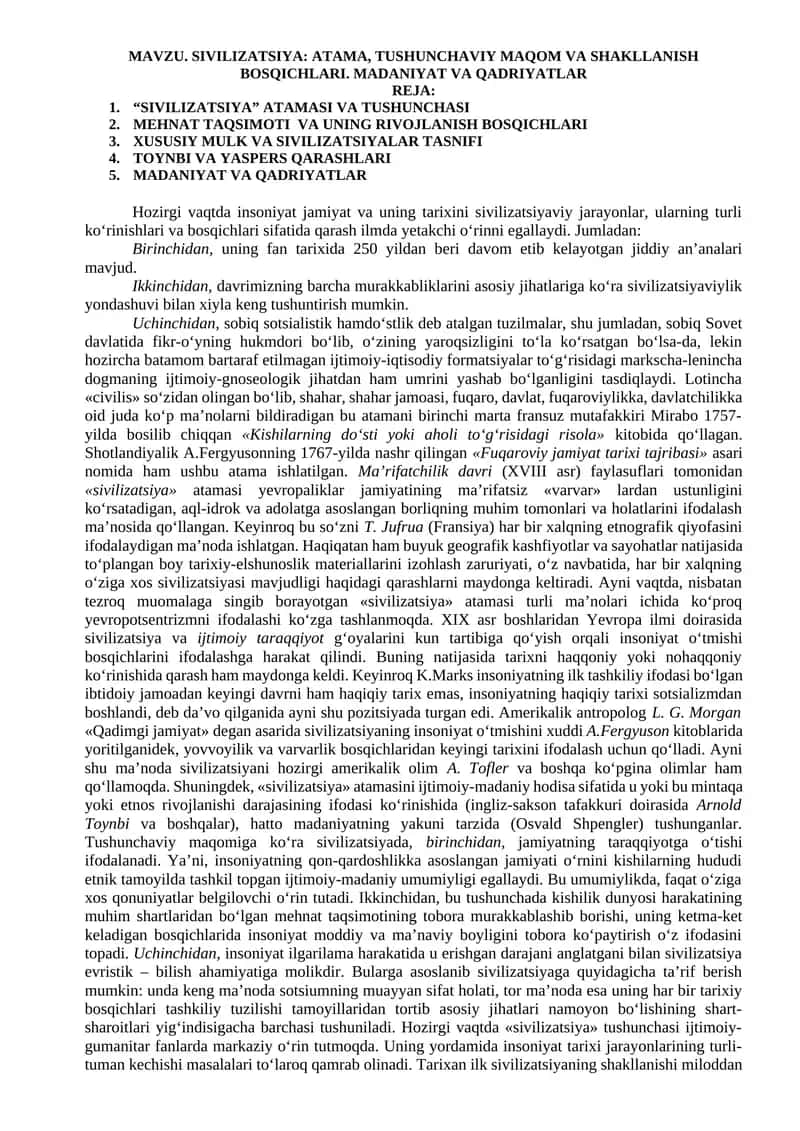 SIVILIZATSIYA: ATAMA, TUSHUNCHAVIY MAQOM VA SHAKLLANISH BOSQICHLARI. MADANIYAT VA QADRIYATLAR 1