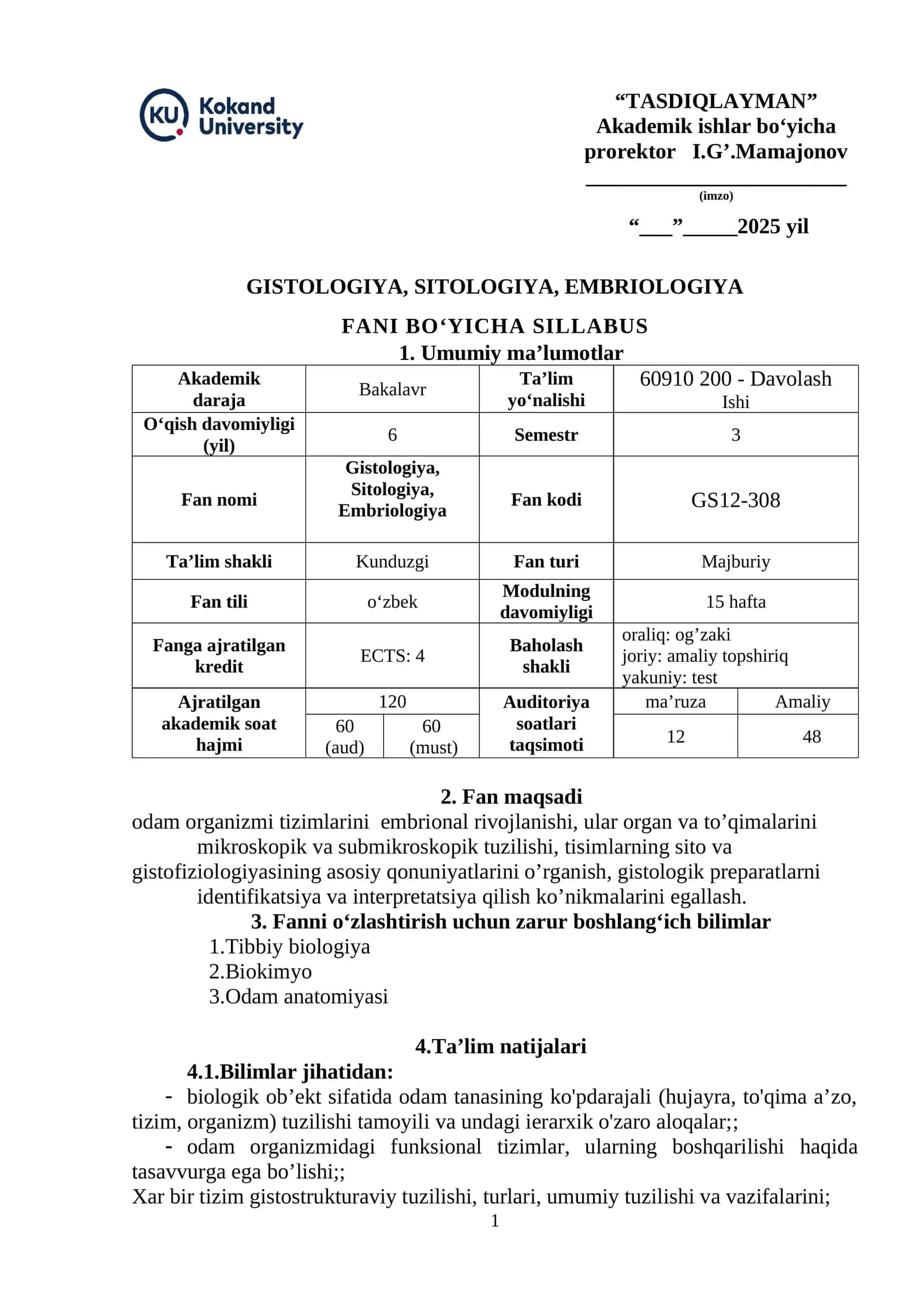GISTOLOGIYA, SITOLOGIYA, EMBRIOLOGIYA FANI BO‘YICHA SILLABUS 1