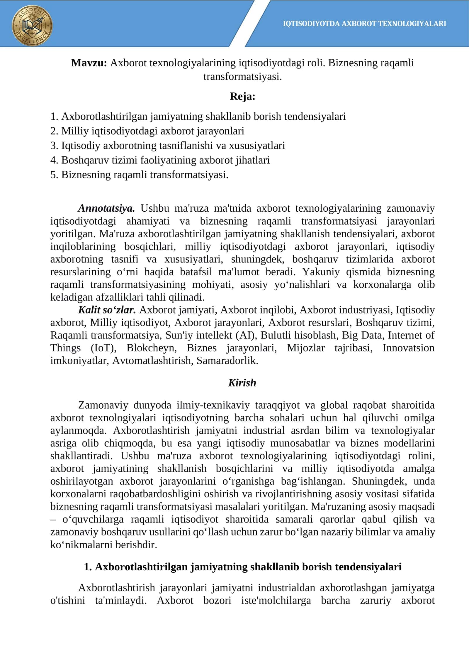 Axborot texnologiyalarining iqtisodiyotdagi roli. Biznesning raqamli transformatsiyasi 1