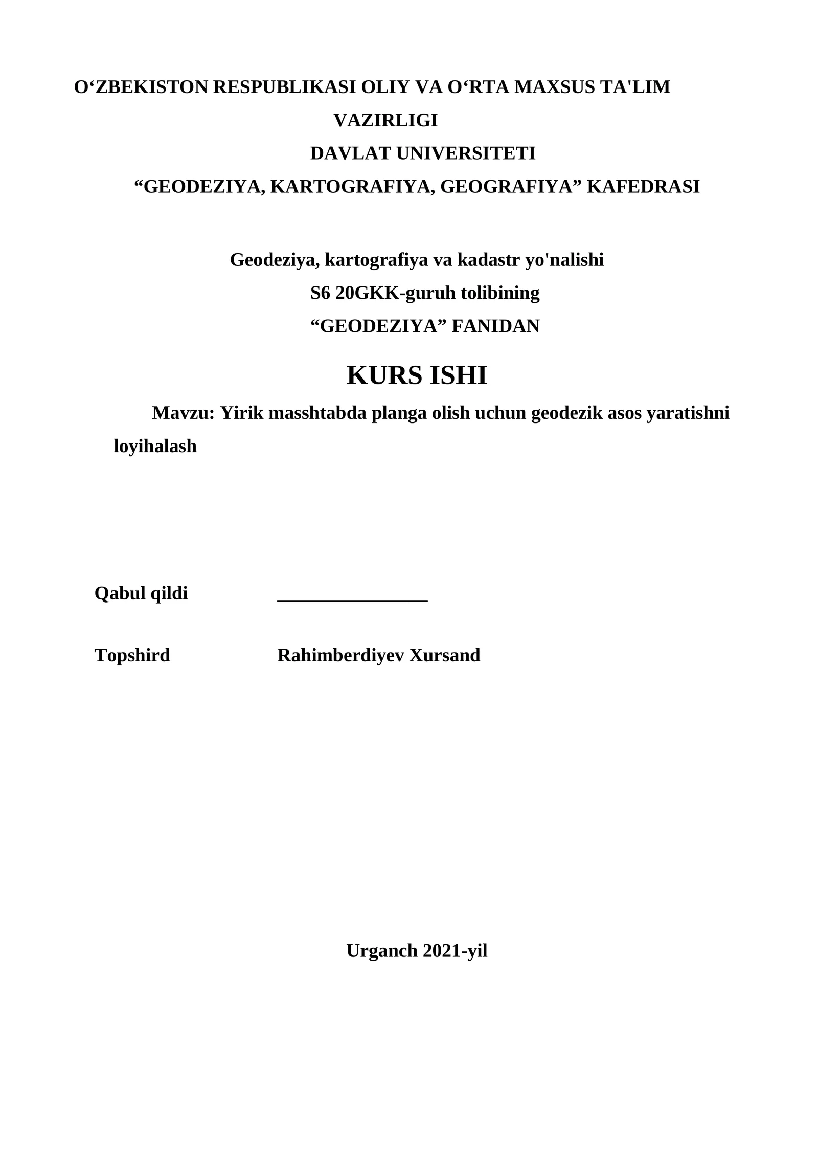 Yirik masshtabda planga olish uchun geodezik asos yaratishni loyihalash 1