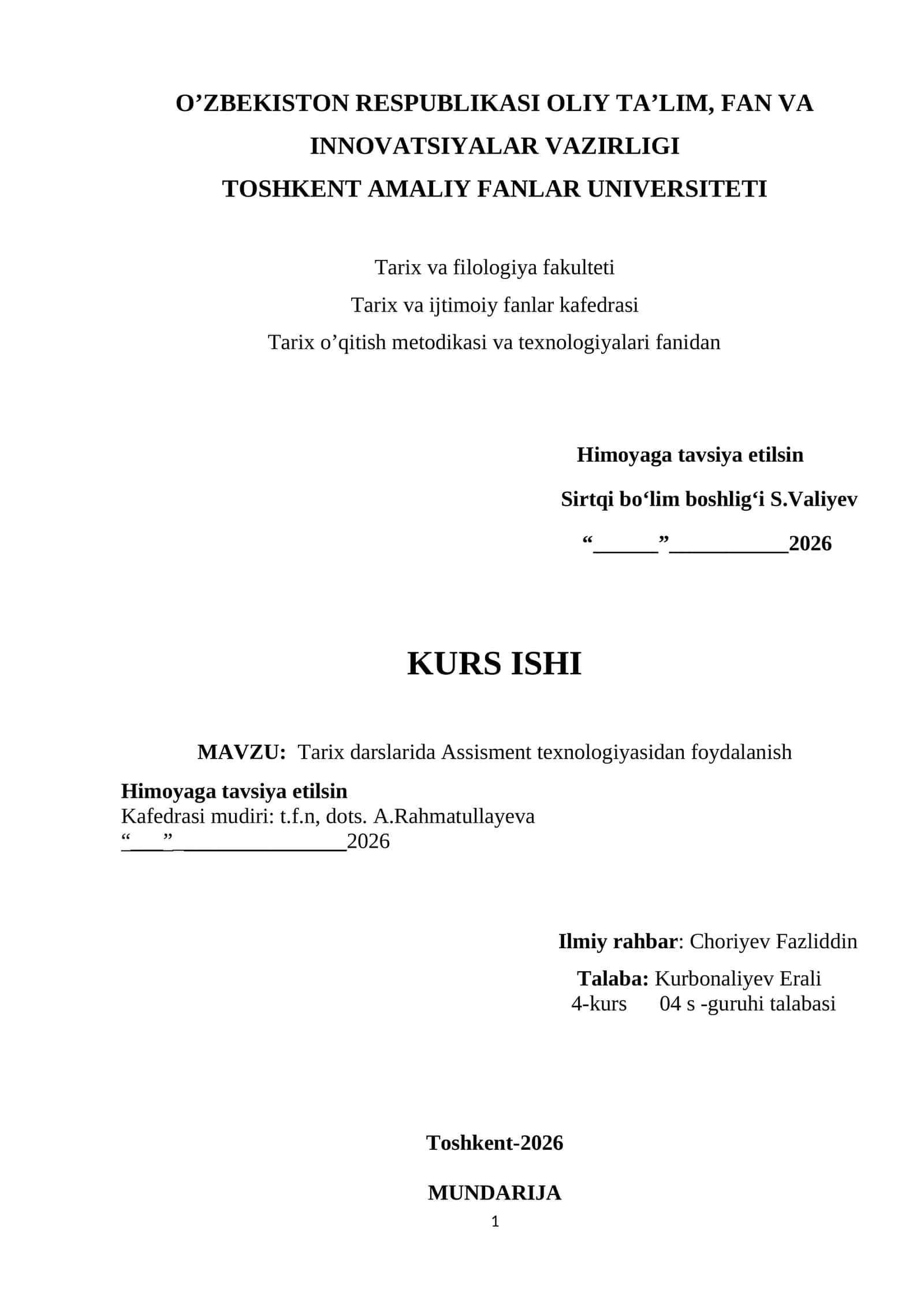 Tarix darslarida Assisment texnologiyasidan foydalanish 1