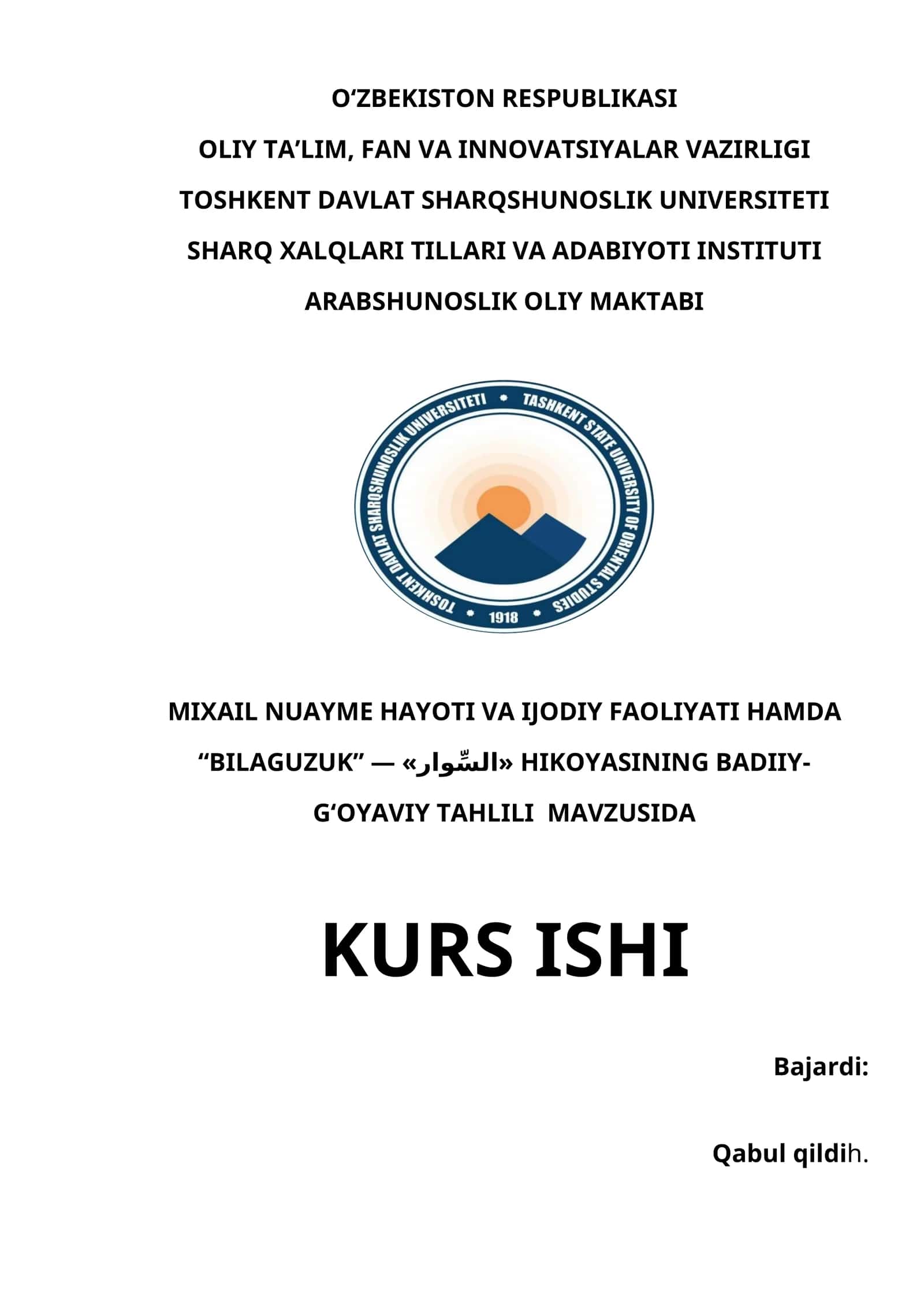 MIXAIL NUAYME HAYOTI VA IJODIY FAOLIYATI HAMDA “BILAGUZUK” — «السِّوار» HIKOYASINING BADIIY-G‘OYAVIY TAHLILI  MAVZUSIDA 1