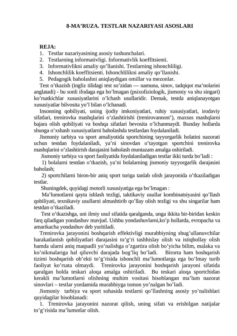 8-MA’RUZA. TESTLAR NAZARIYASI ASOSLARI 1
