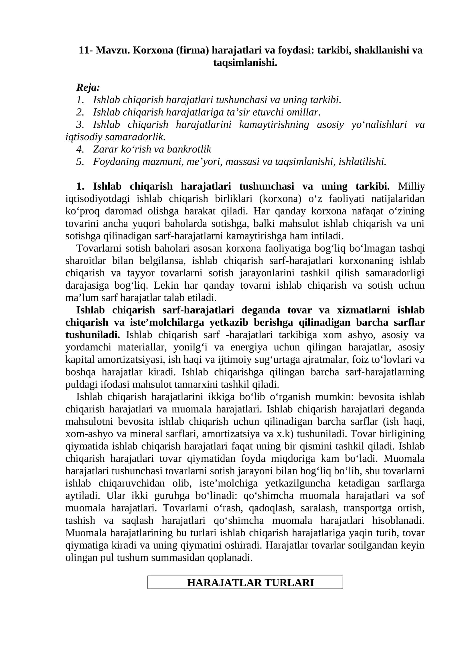 Korxona (firma) harajatlari va foydasi: tarkibi, shakllanishi va taqsimlanishi 1