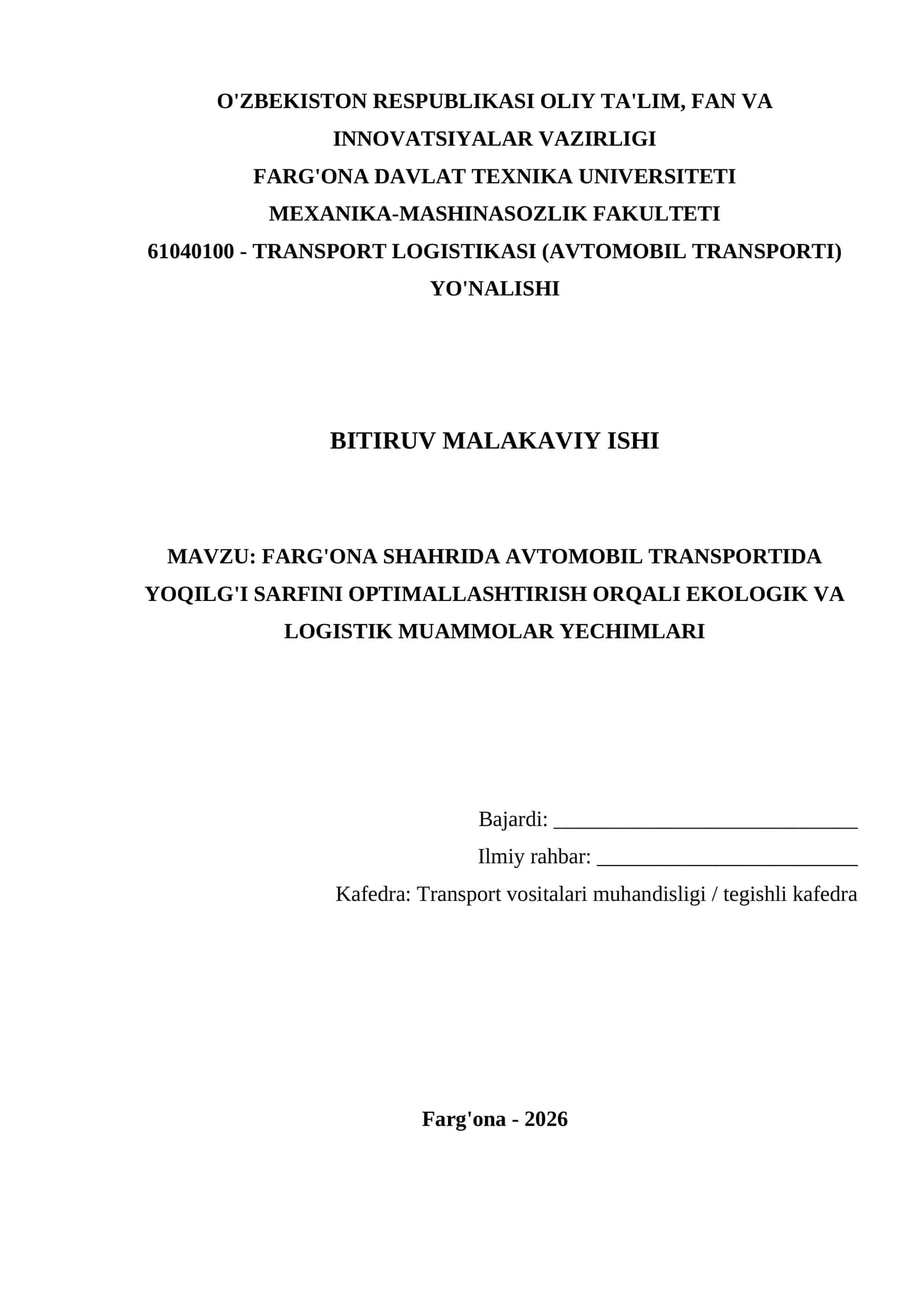 FARG'ONA SHAHRIDA AVTOMOBIL TRANSPORTIDA YOQILG'I SARFINI OPTIMALLASHTIRISH ORQALI EKOLOGIK VA LOGISTIK MUAMMOLAR YECHIMLARI 1