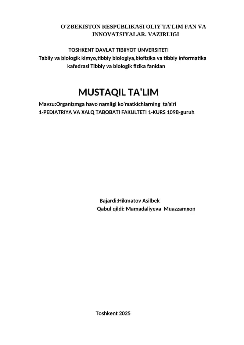 Organizmga havo namligi ko'rsatkichlarning ta'siri 1