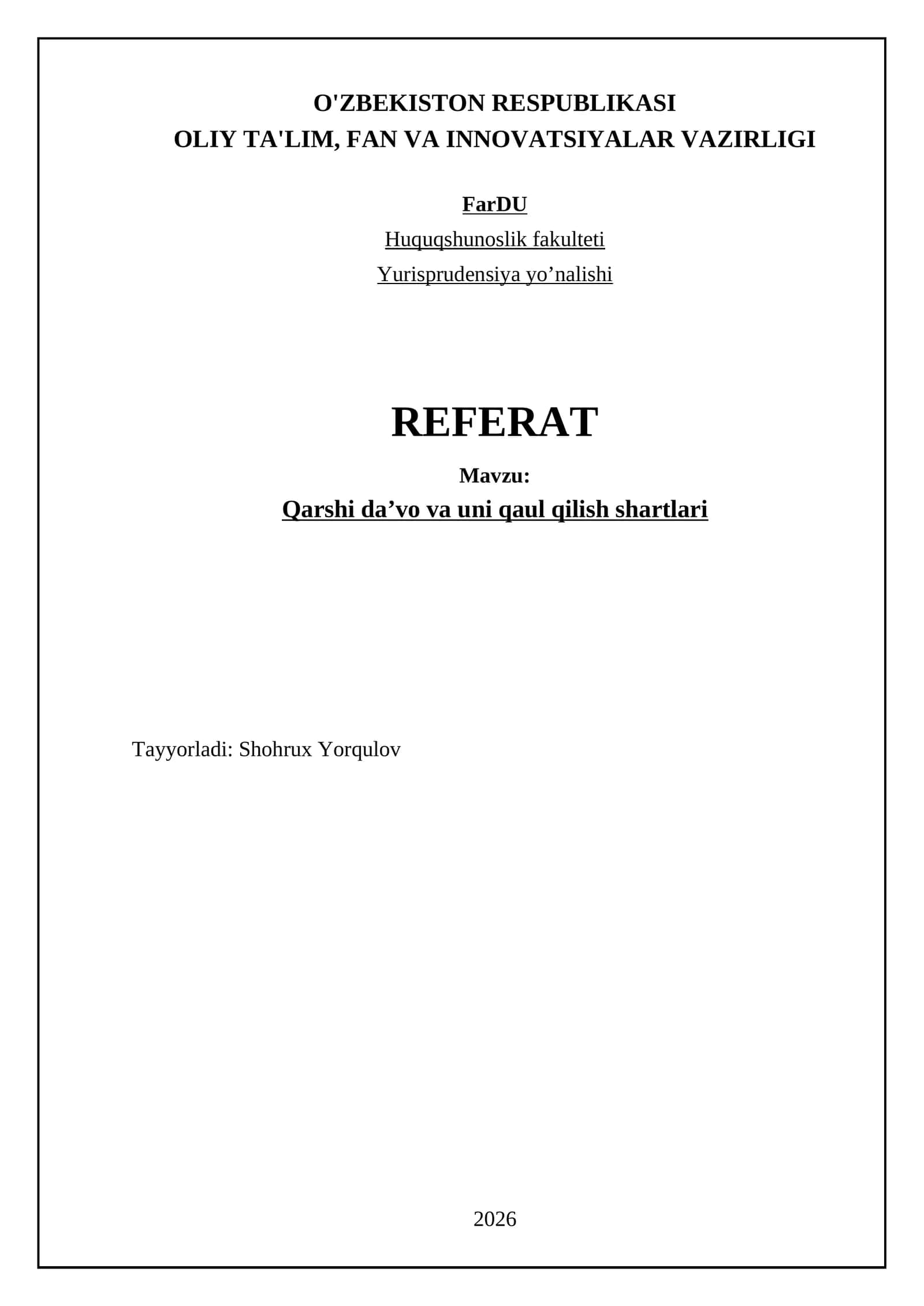 Qarshi da'vosi va uni qabul qilish shartlari 1