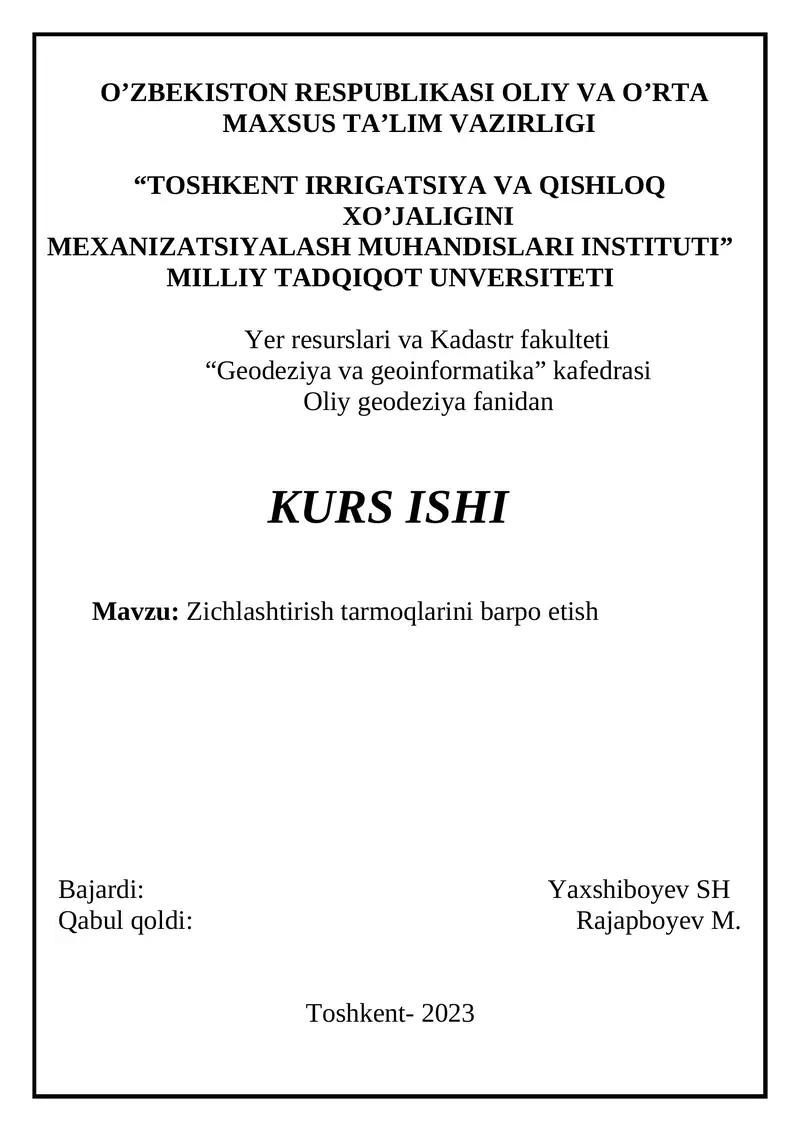 OLIY GEODEZIYA FANIDAN KURS UCHUN TOPSHIRIQ 1