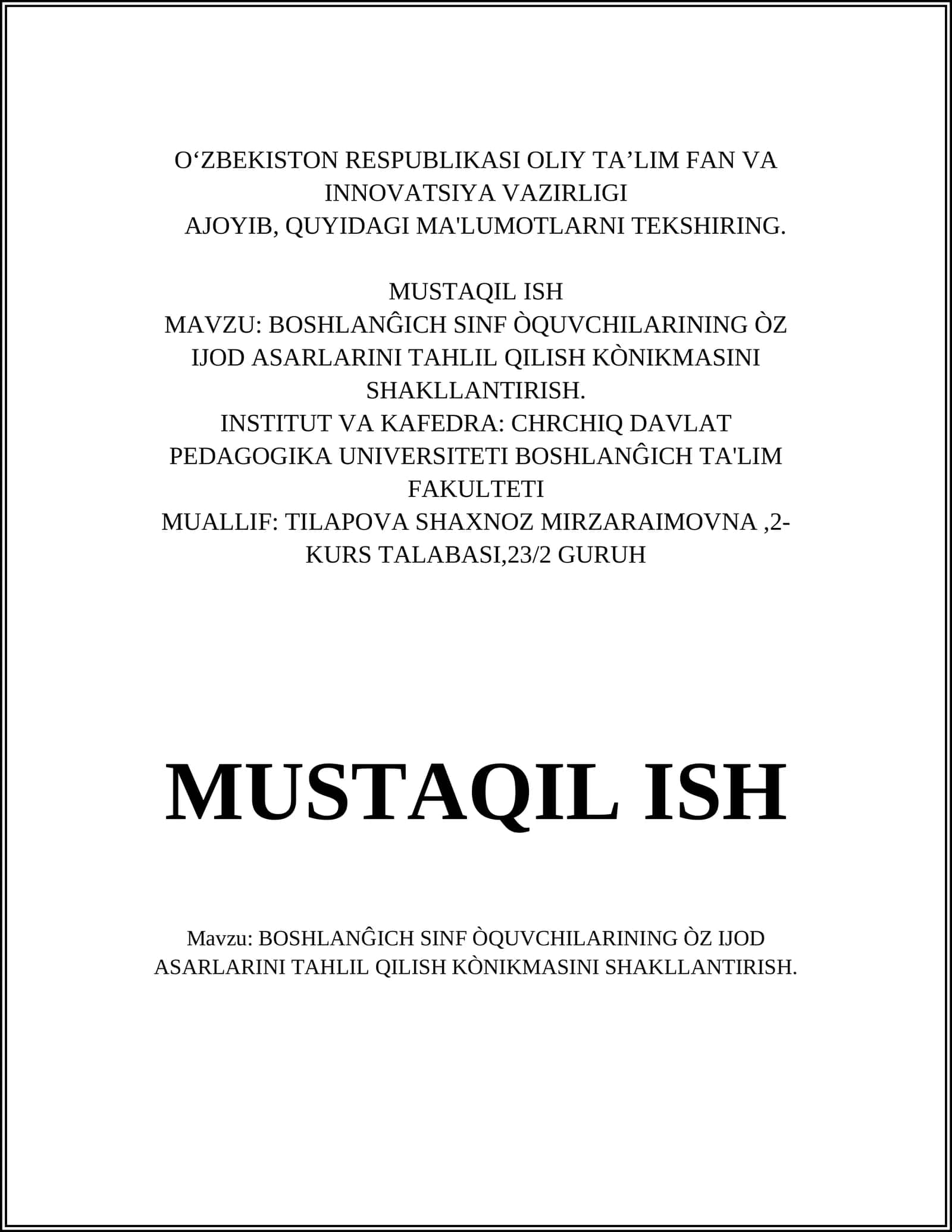 BOSHLANĜICH SINF ÒQUVCHILARINING ÒZ IJOD ASARLARINI TAHLIL QILISH KÒNIKMASINI SHAKLLANTIRISH 1