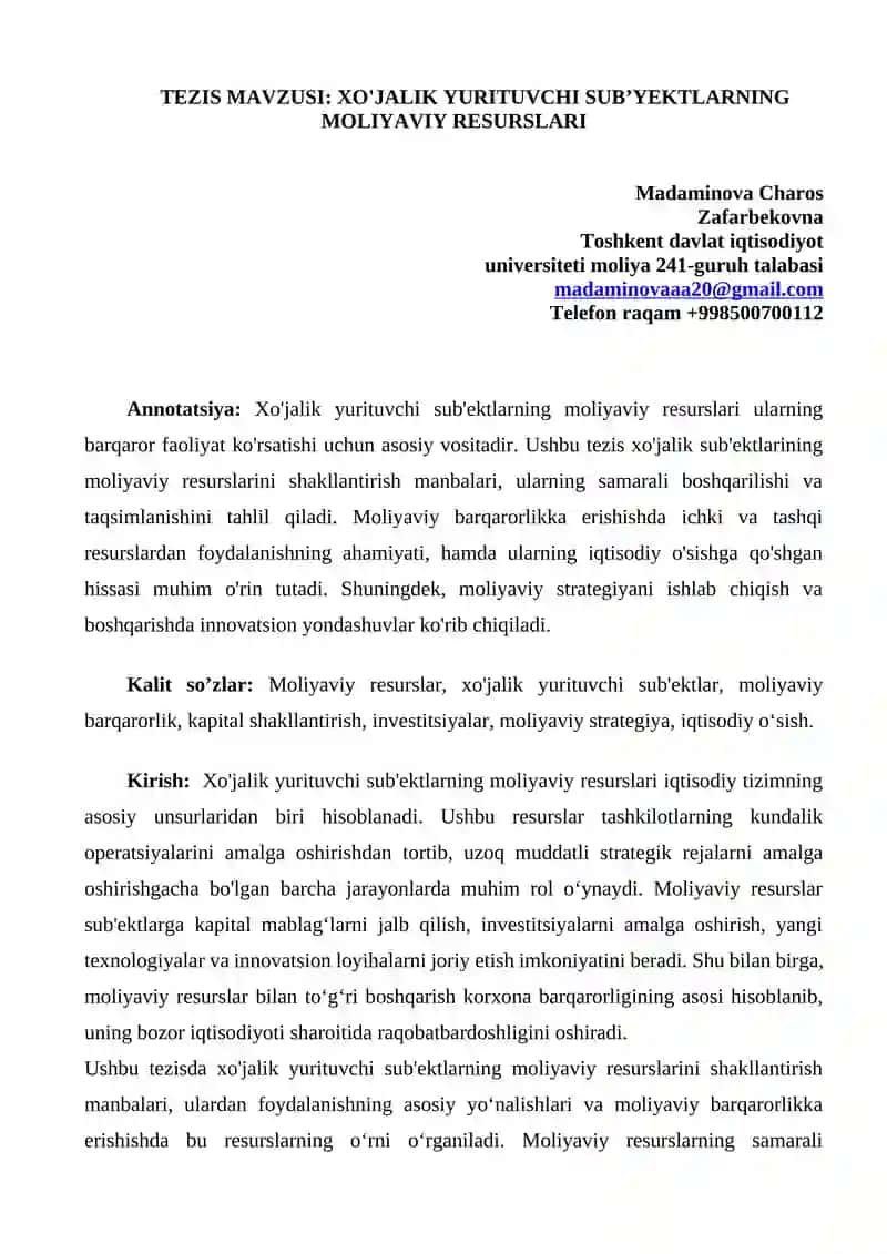 XO'JALIK YURITUVCHI SUBʼYEKTLARNING MOLIYAVIY RESURSLARI 1