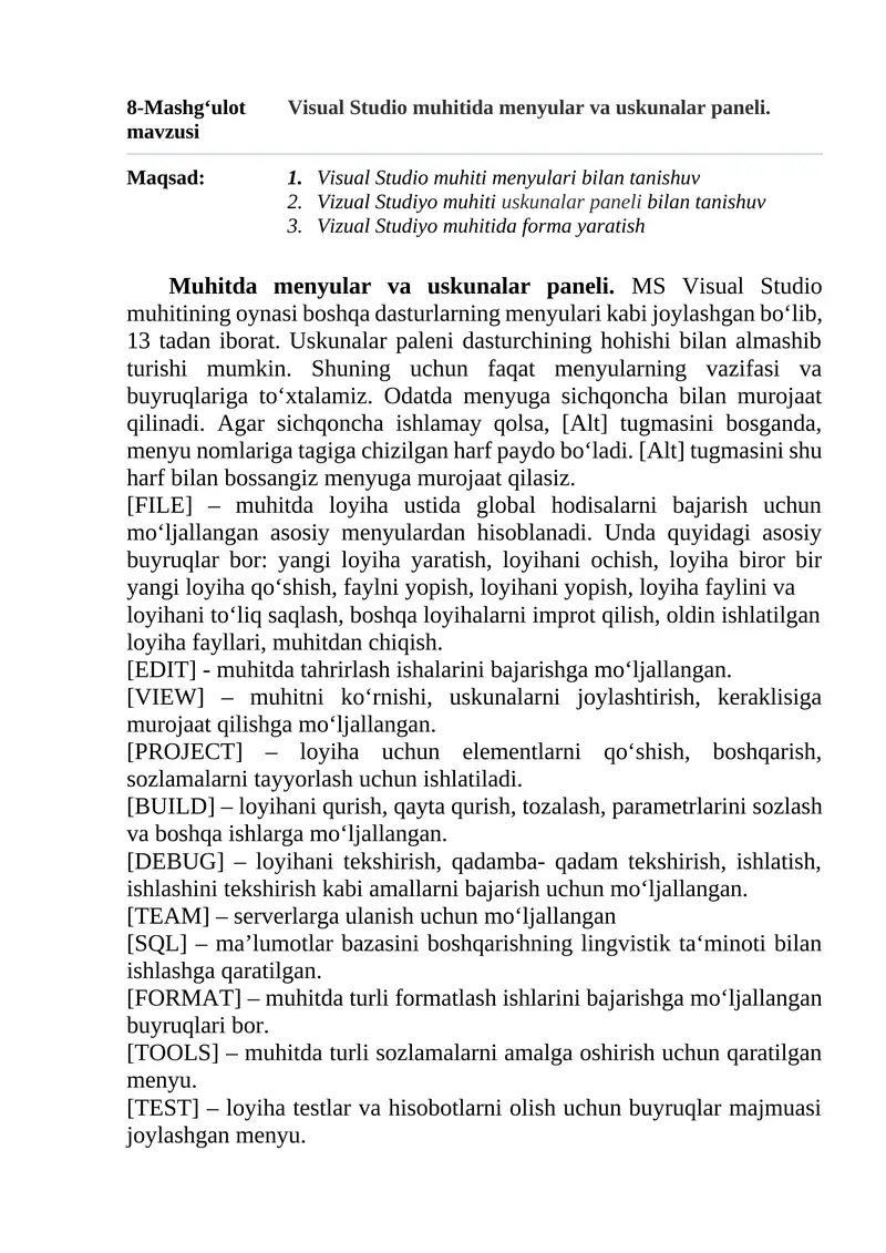 Visual Studio muhitida menyular va uskunalar paneli 1