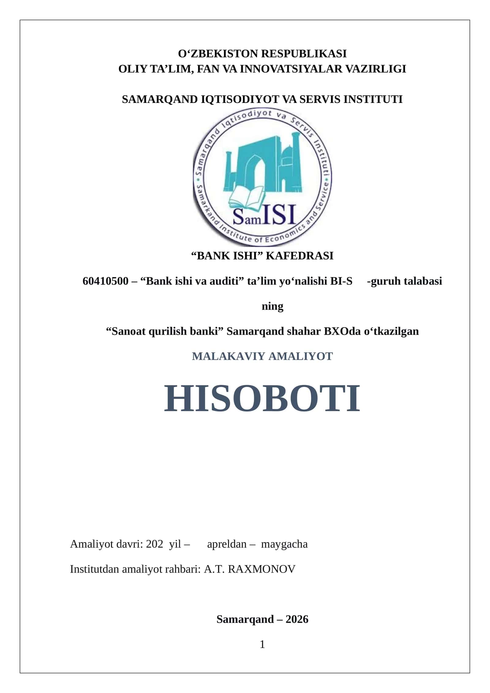 "Sanoat qurilish banki" MALAKAVIY AMALIYOT HISOBOTI 1