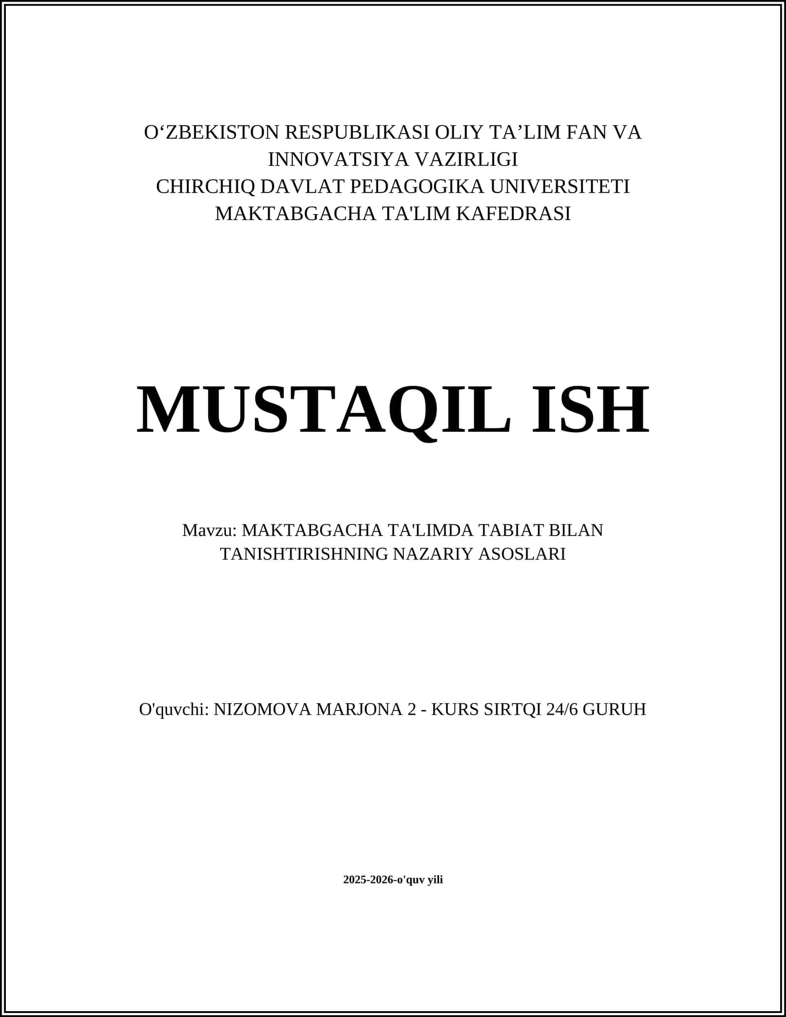 MAKTABGACHA TA'LIMDA TABIAT BILAN TANISHTIRISHNING NAZARIY ASOSLARI 1