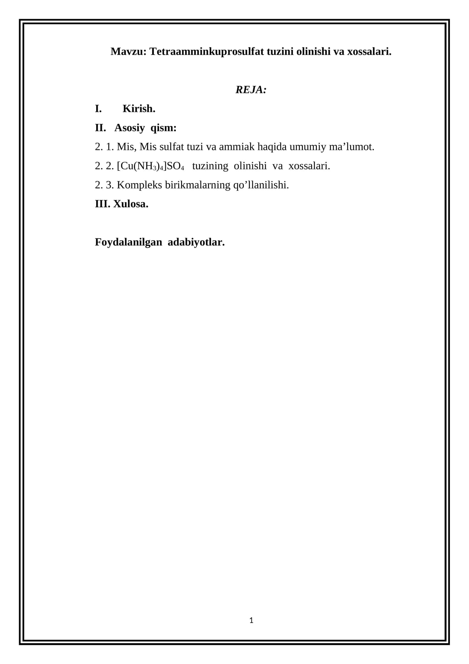 Tetraamminkuprosulfat tuzini olinishi va xossalari 1