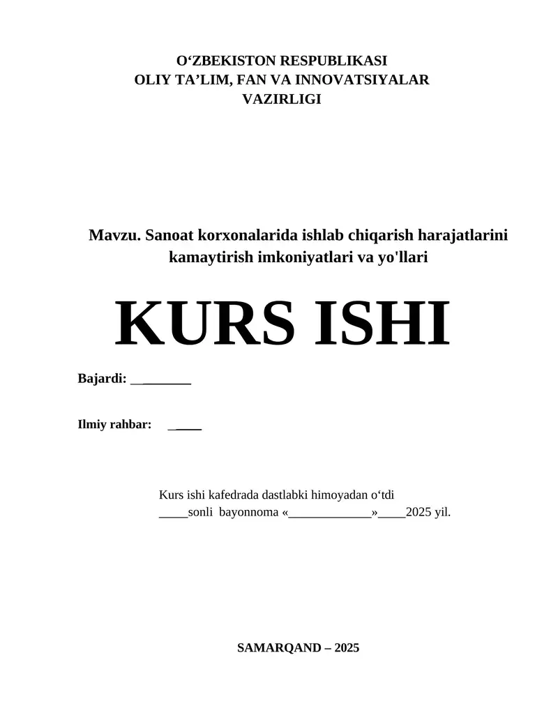Sanoat korxonalarida ishlab chiqarish harajatlarini kamaytirish imkoniyatlari va yo‘llari 1