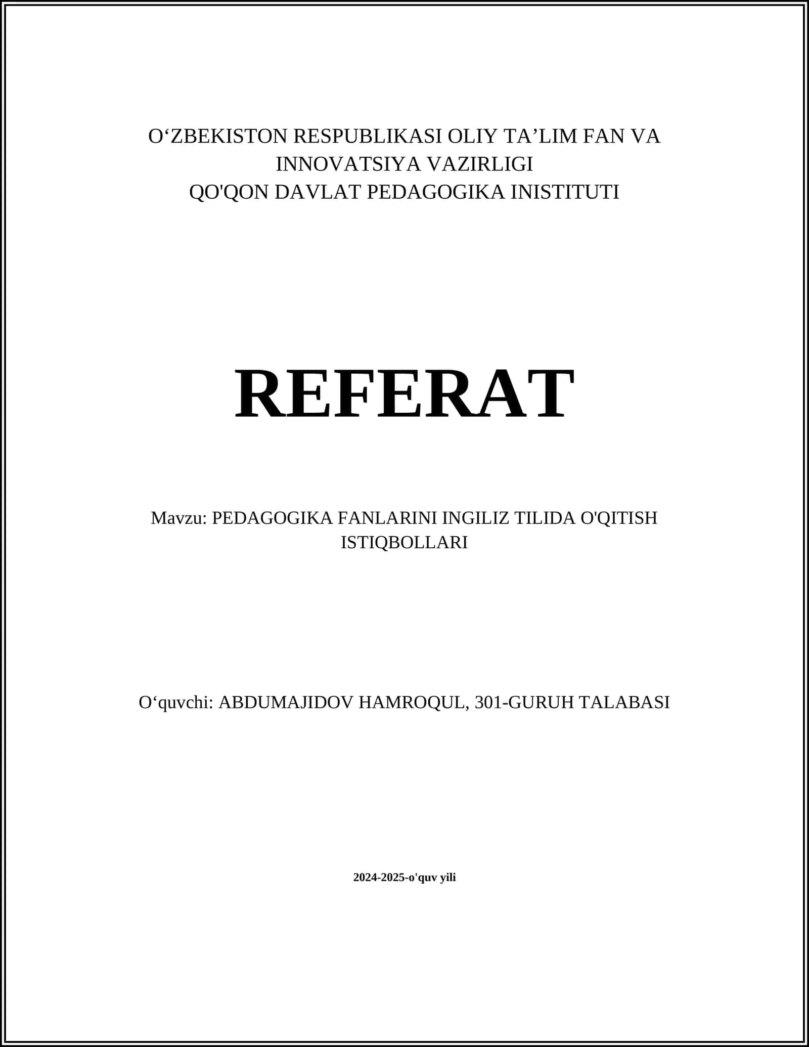 PEDAGOGIKA FANLARINI INGILIZ TILIDA O'QITISH ISTIQBOLLARI 1