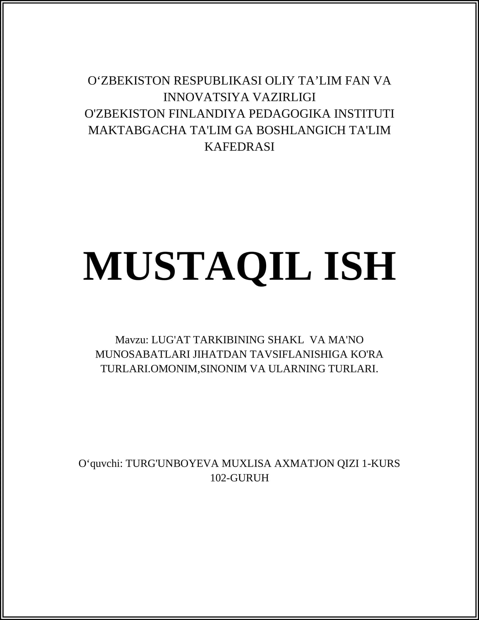 LUG'AT TARKIBINING SHAKL VA MA'NO MUNOSABATLARI JIHATDAN TAVSIFLANISHIGA KO'RA TURLARI 1