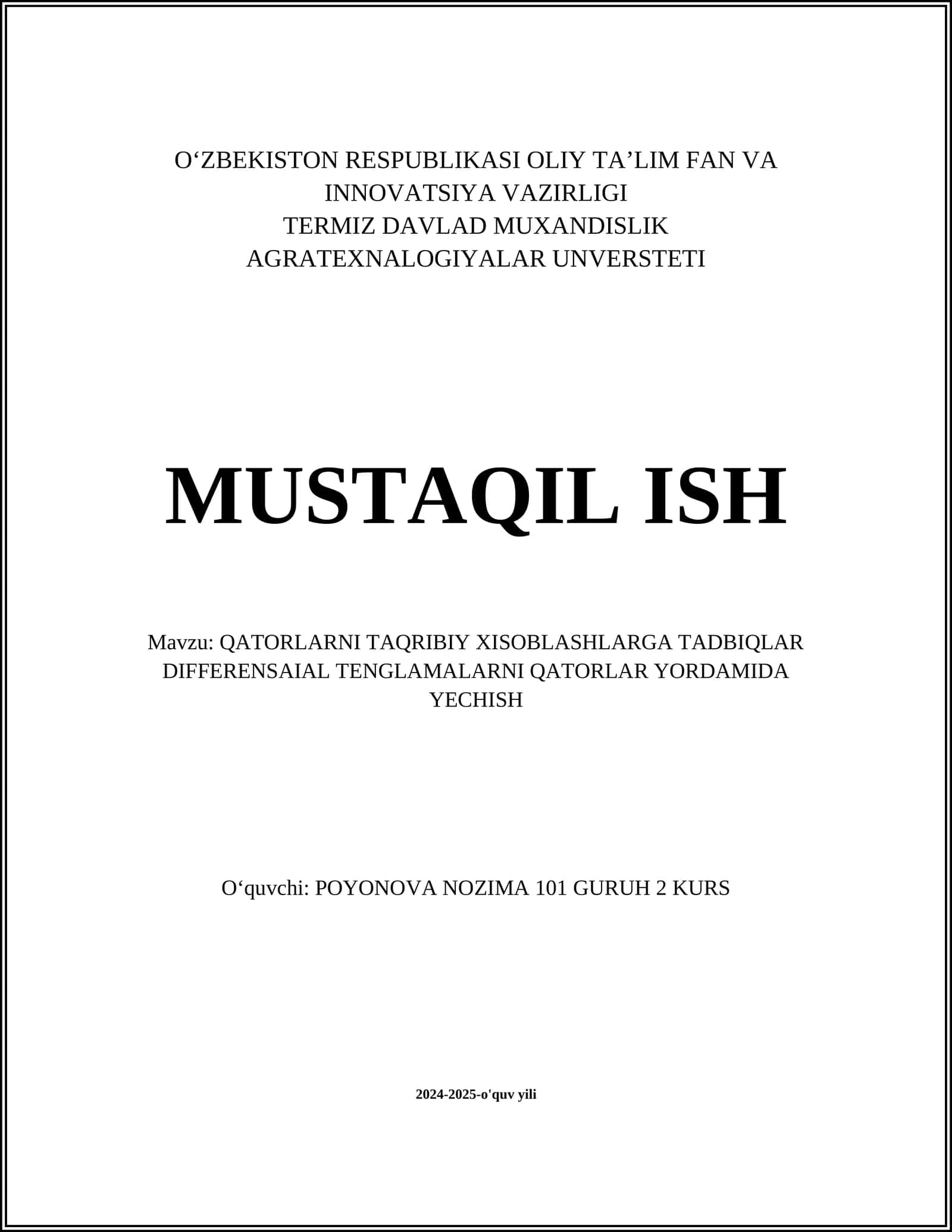 QATORLARNI TAQRIBIY XISOBLASHLARGA TADBIQLAR DIFFERENSAIAL TENGLAMALARNI QATORLAR YORDAMIDA YECHISH 1