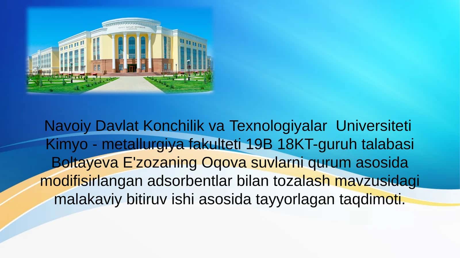 Oqovasuvlarni tozalash mavzusidagi malakaviy bitiruvchi asosida tayyorlagan taqdimot 1