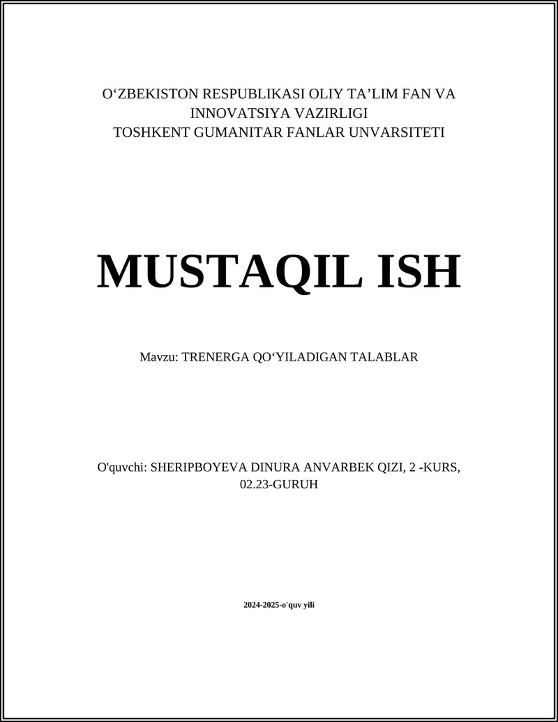 TRENERGA QOʻYILADIGAN TALABLAR 1