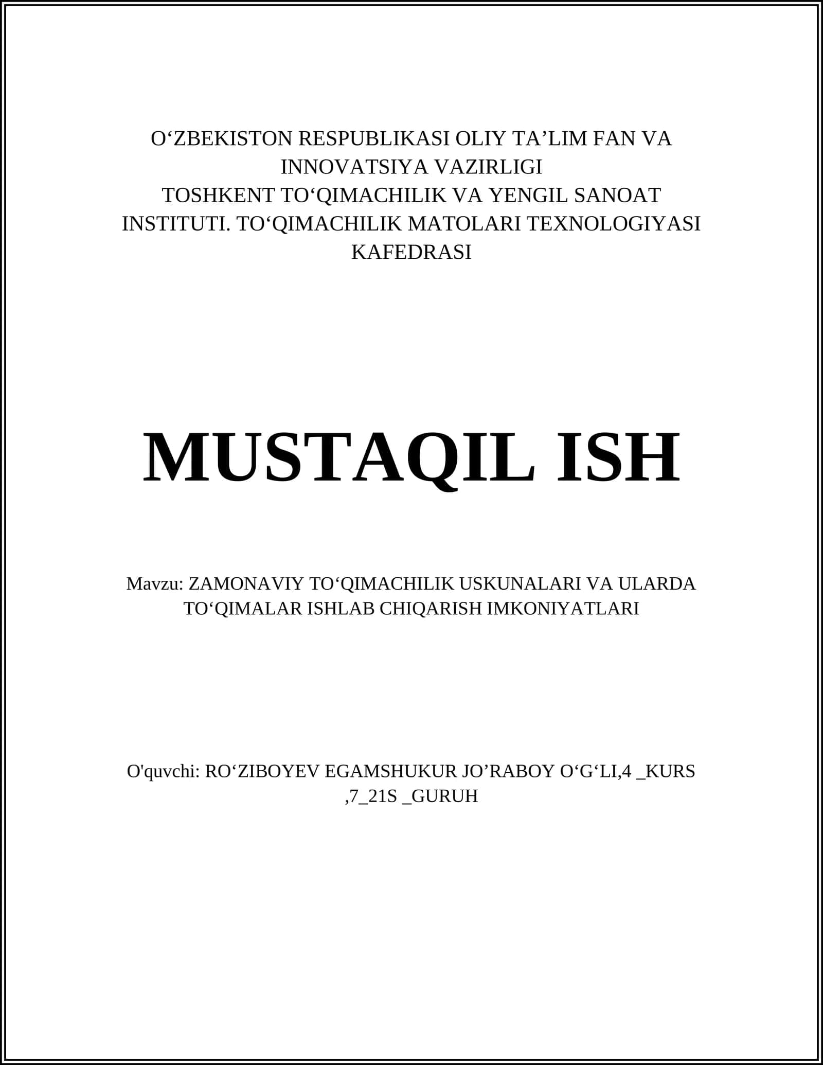 ZAMONAVIY TOʻQIMACHILIK USKUNALARI VA ULARDA TOʻQIMALAR ISHLAB CHIQARISH IMKONIYATLARI 1