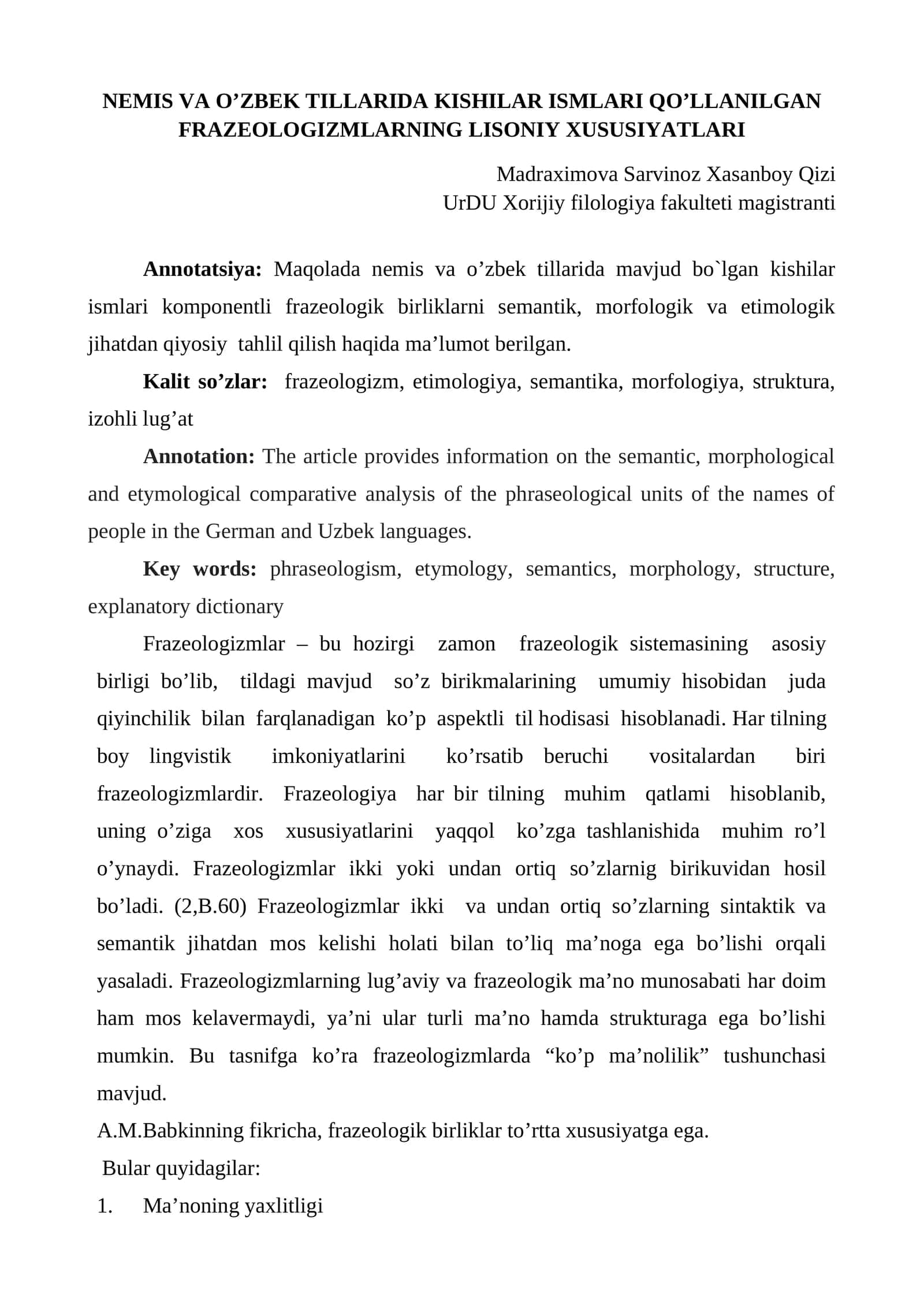 NEMIS VA O’ZBEK TILLARIDA KISHILAR ISMLARI QO’LLANILGAN FRAZEOLOGIZMLARNING LISONIY XUSUSIYATLARI 1