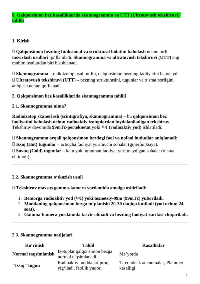 Qalqonsimon bez kasalliklarida skannogramma va UTT (Ultratovush tekshiruvi) tahlili 1