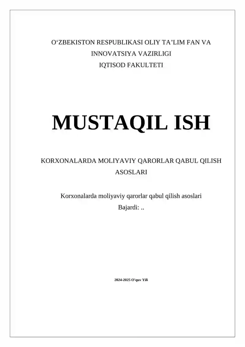 Korxonalarda Moliyaviy Qarorlar Qabul Qilish Asoslari