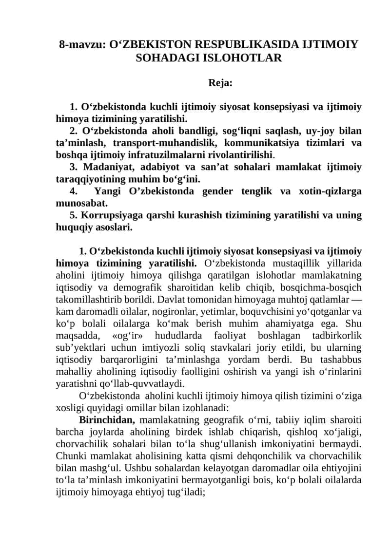 O‘ZBEKISTON RESPUBLIKASIDA IJTIMOIY SOHADAGI ISLOHOTLAR 1
