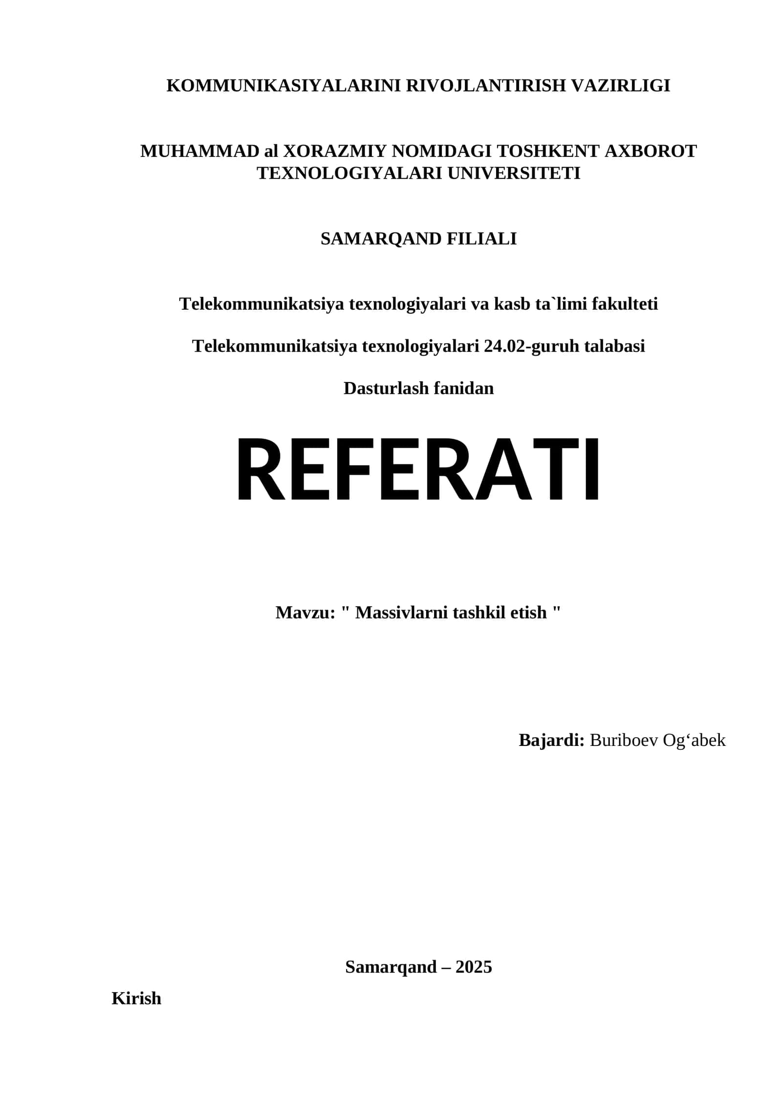 Massivlarni tashkil etish - REFERATI 1