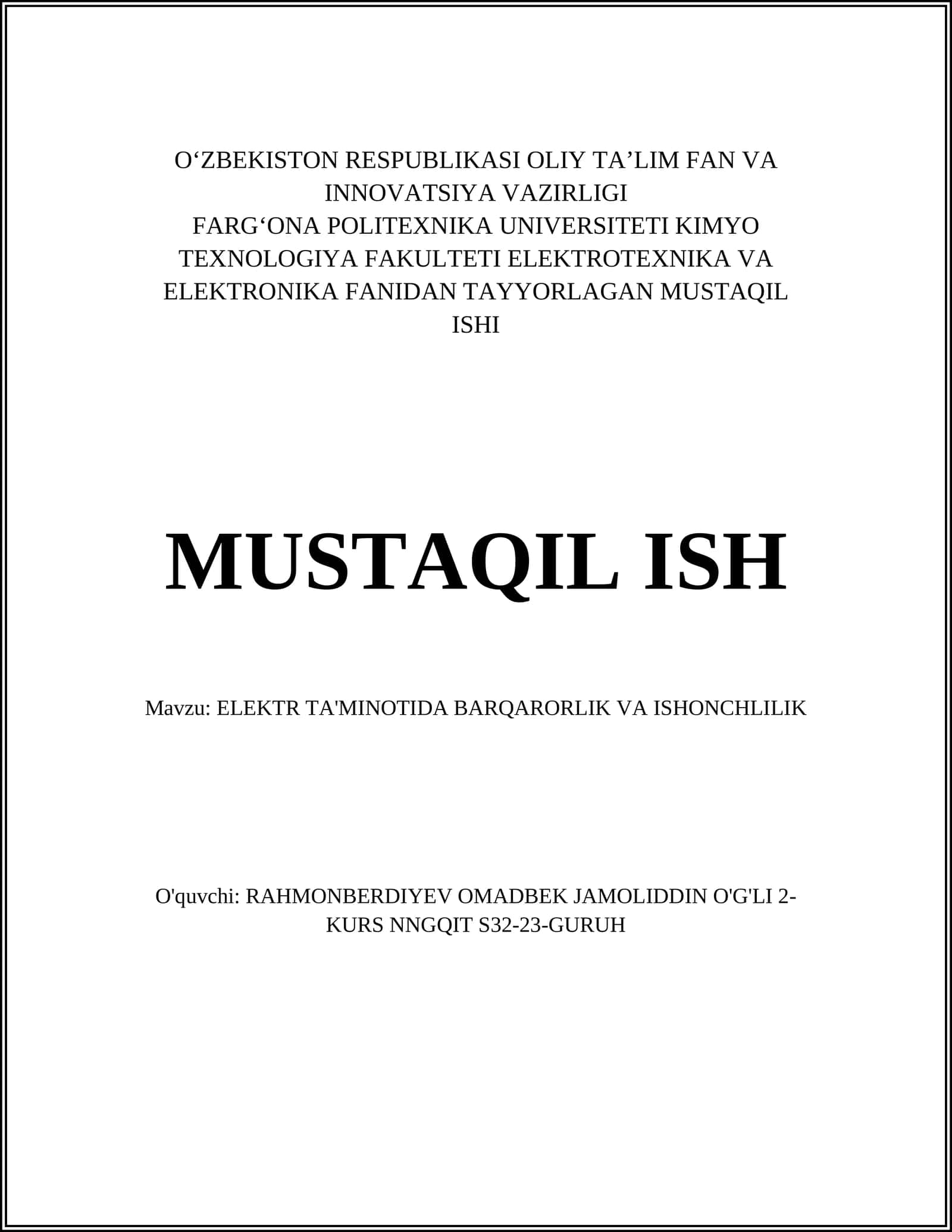 FARGʻONA POLITEXNIKA UNIVERSITETI MUSTAQIL ISHI 1