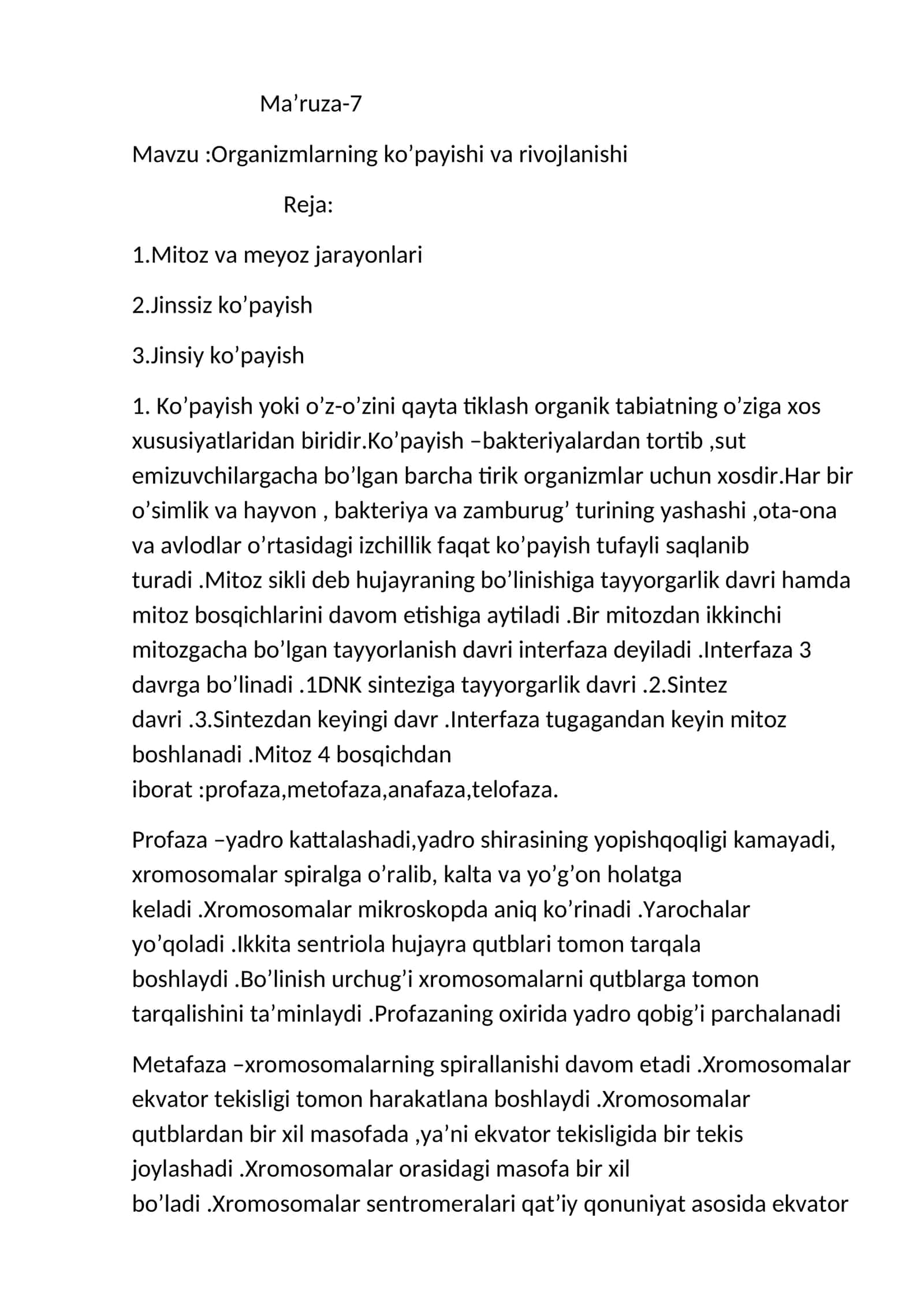 Organizmlarning ko’payishi va rivojlanishi 1