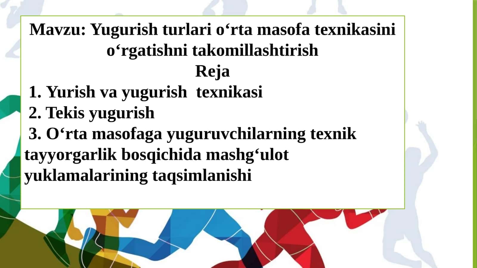 Yugurish turlari oʻrta masofa texnikasini oʻrgatishni takomillashtirish 1