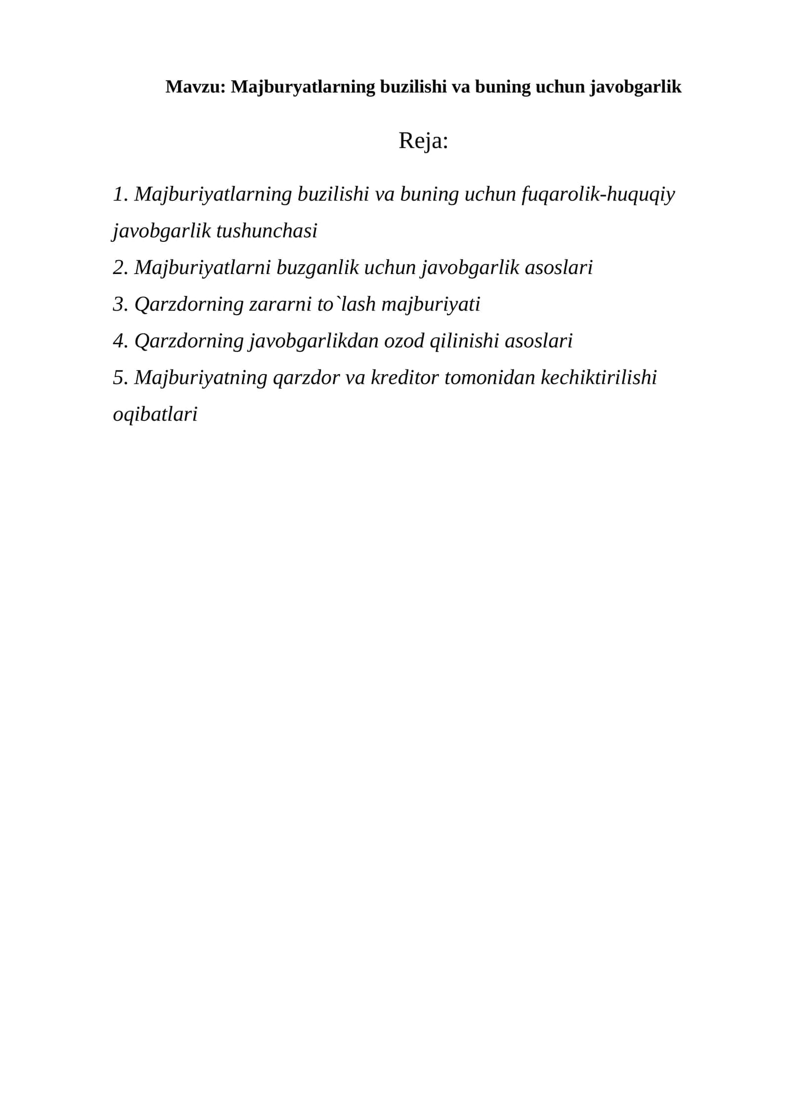 Majburyatlarning buzilishi va buning uchun javobgarlik mustaqil ish 1