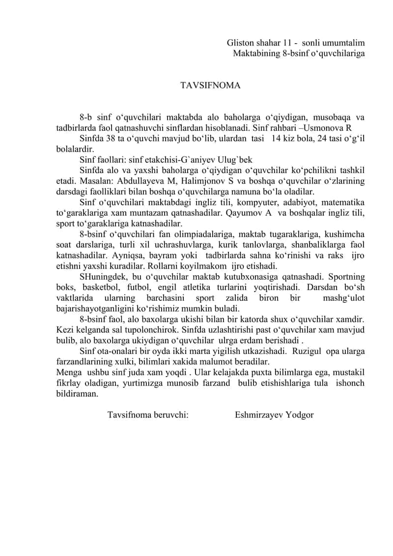 Tavsiyanoma va tafsifnoma namunasi maktab 1
