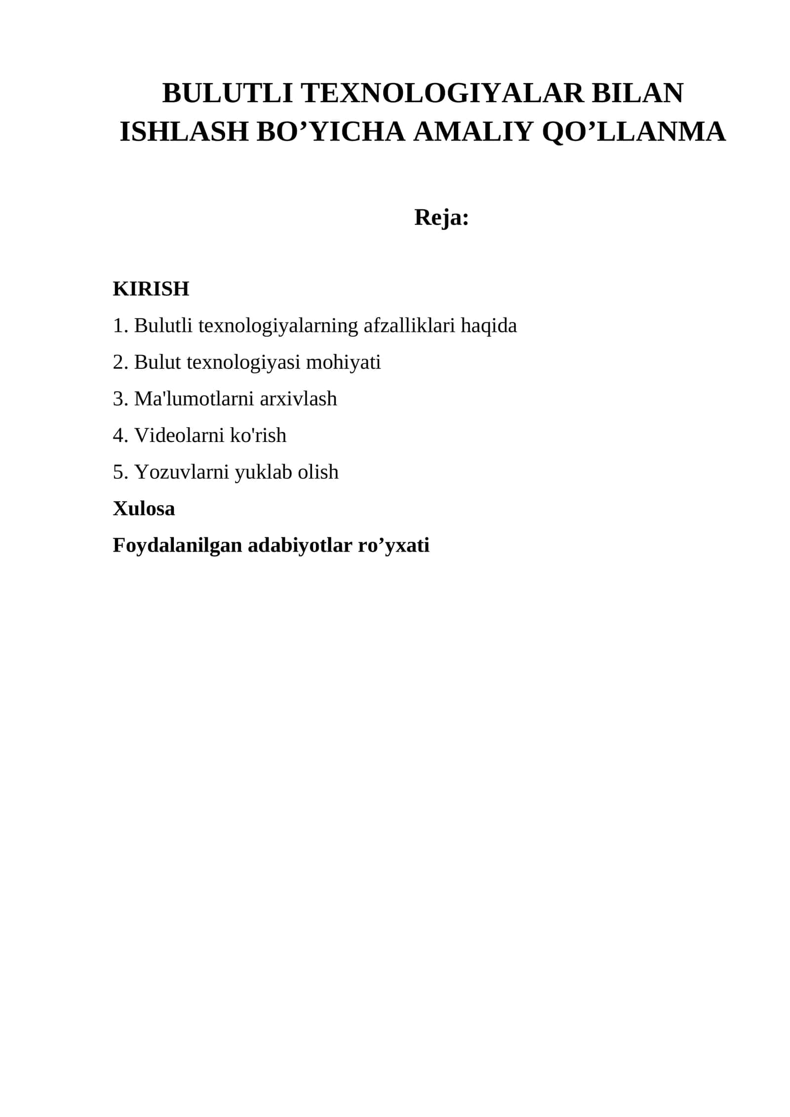 Bulutli texnologiyalar bilan ishlash bo’yicha amaliy qo’llanma 1
